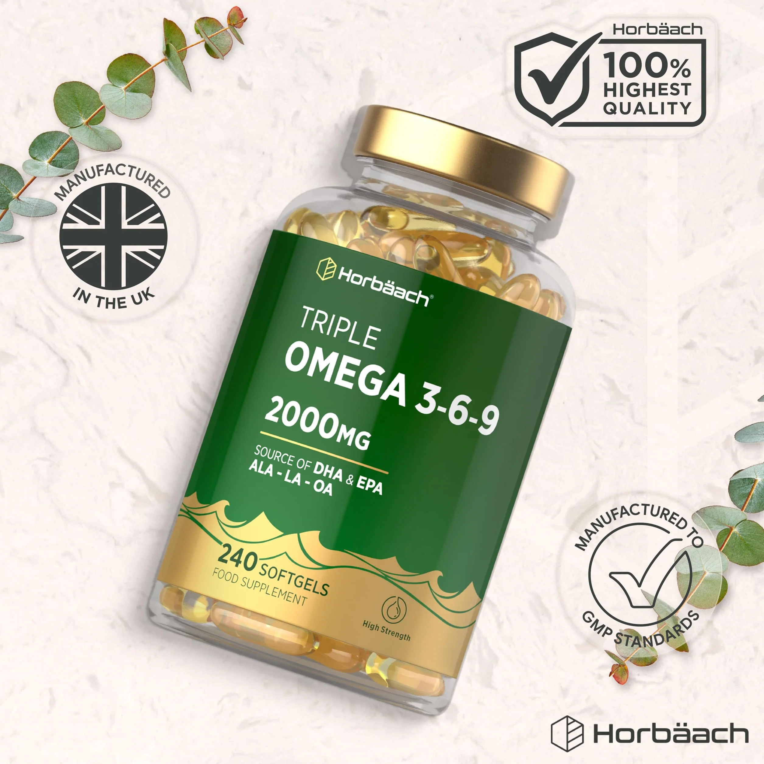 Horbaach Omega 3 6 9 2000mg 240 Vegano Softgels Alto Dosaggio DHA EPA Olio di Pesce e Lino