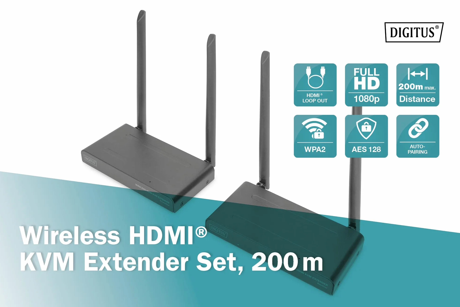 DIGITUS Wireless HDMI KVM Extender Set - portata fino a 200 m - FullHD 1080p/60Hz - punto a punto - uscita HDMI Loop - trasmissione IR - nero