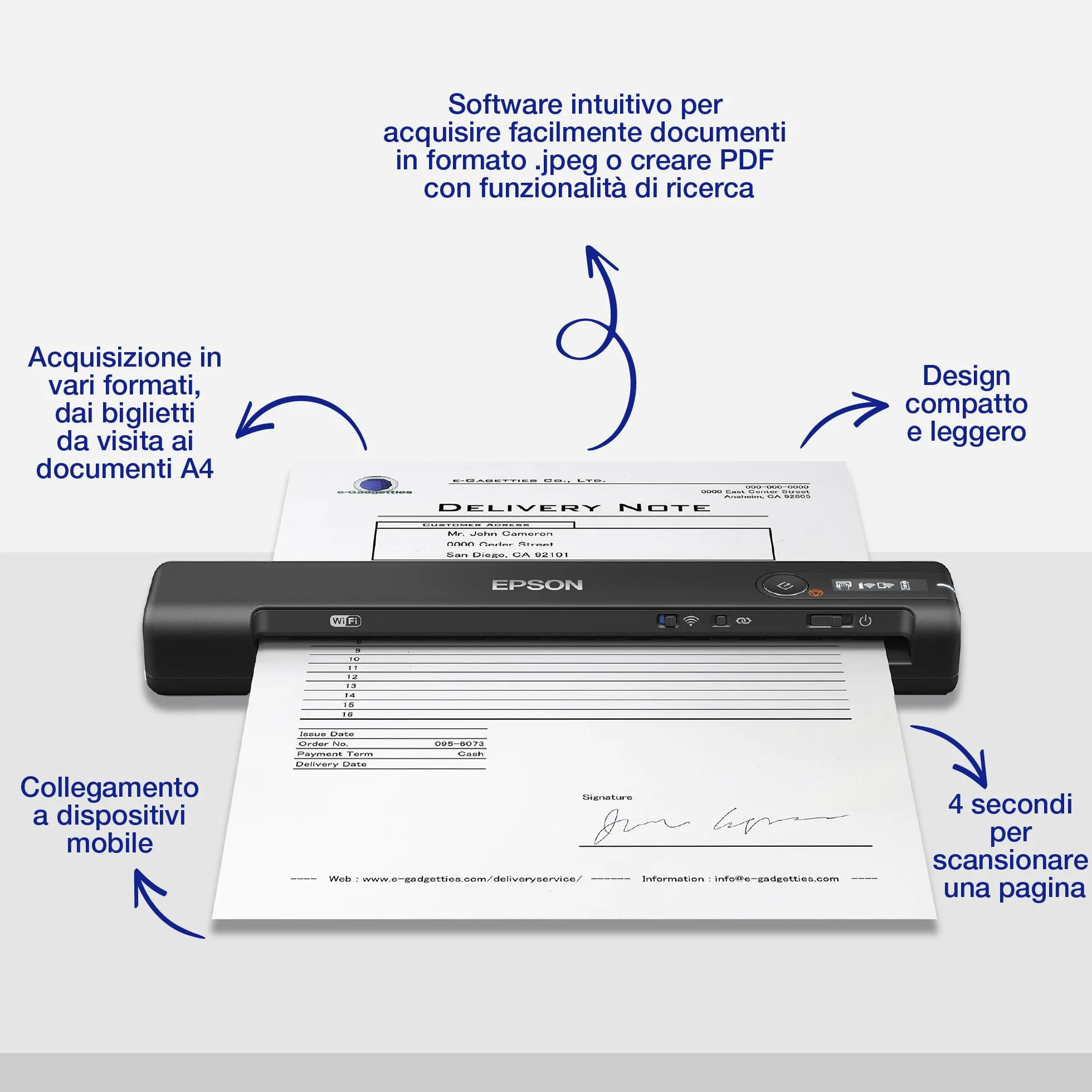 Epson WorkForce ES-60W Scanner Portatile Compatto, Wireless Wi-Fi Direct, 600dpi, Alimentazione Automatica, 8,5 ppm