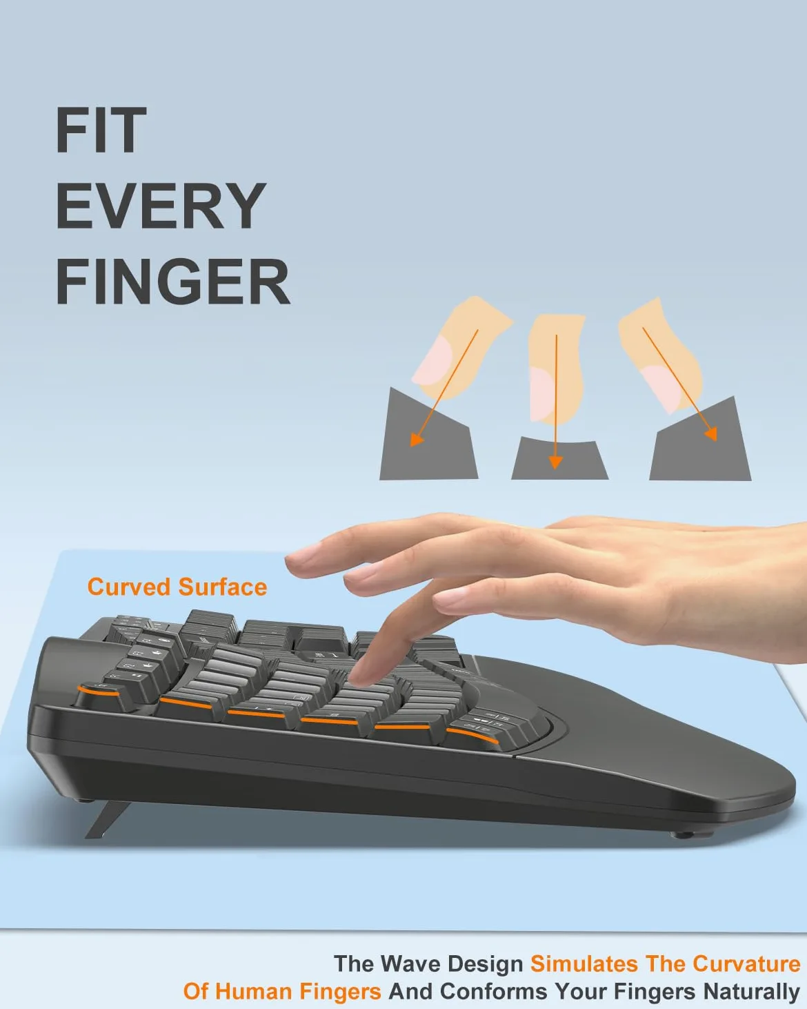 EDJO Tastiera ergonomica senza fili con poggiapolsi, tasti Wave, per mani grandi, 2,4 GHz, tastiera per computer Ergo cordless USB, comoda digitazione naturale, per laptop, Mac, Windows (grigio)