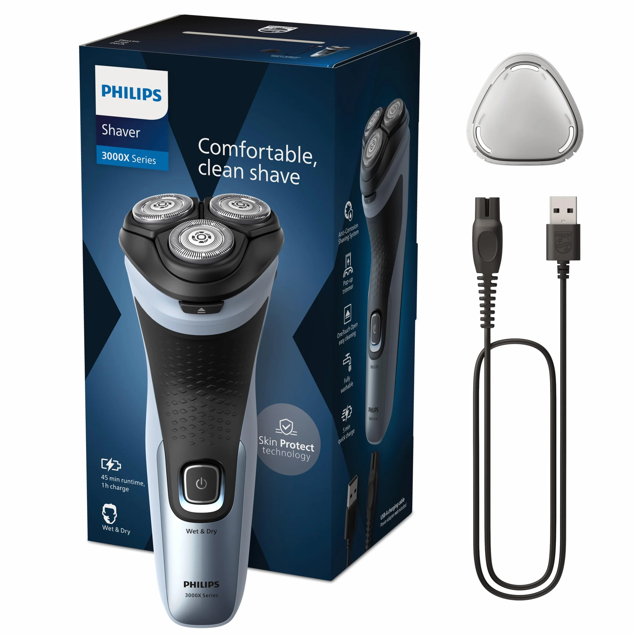 Philips Rasoio Elettrico Serie 3000x Wet & Dry Uomo Blu Cielo SkinProtect X3053/00