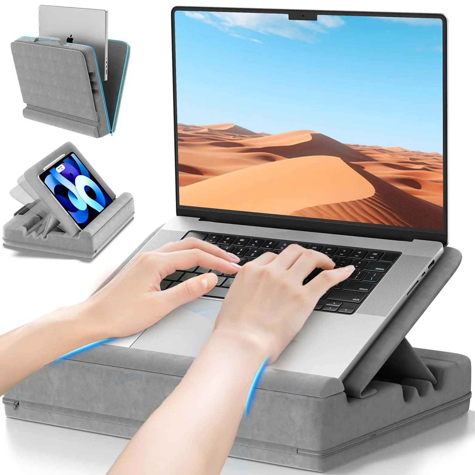 Cuscino per Computer Portatile, Porta PC Scrivania con 3 Angolazioni Regolabili, Cuscino Laptop con Poggiapolsi, Supporto Laptop Scrivania Adatto per Lavoro e Domestico, Grigio