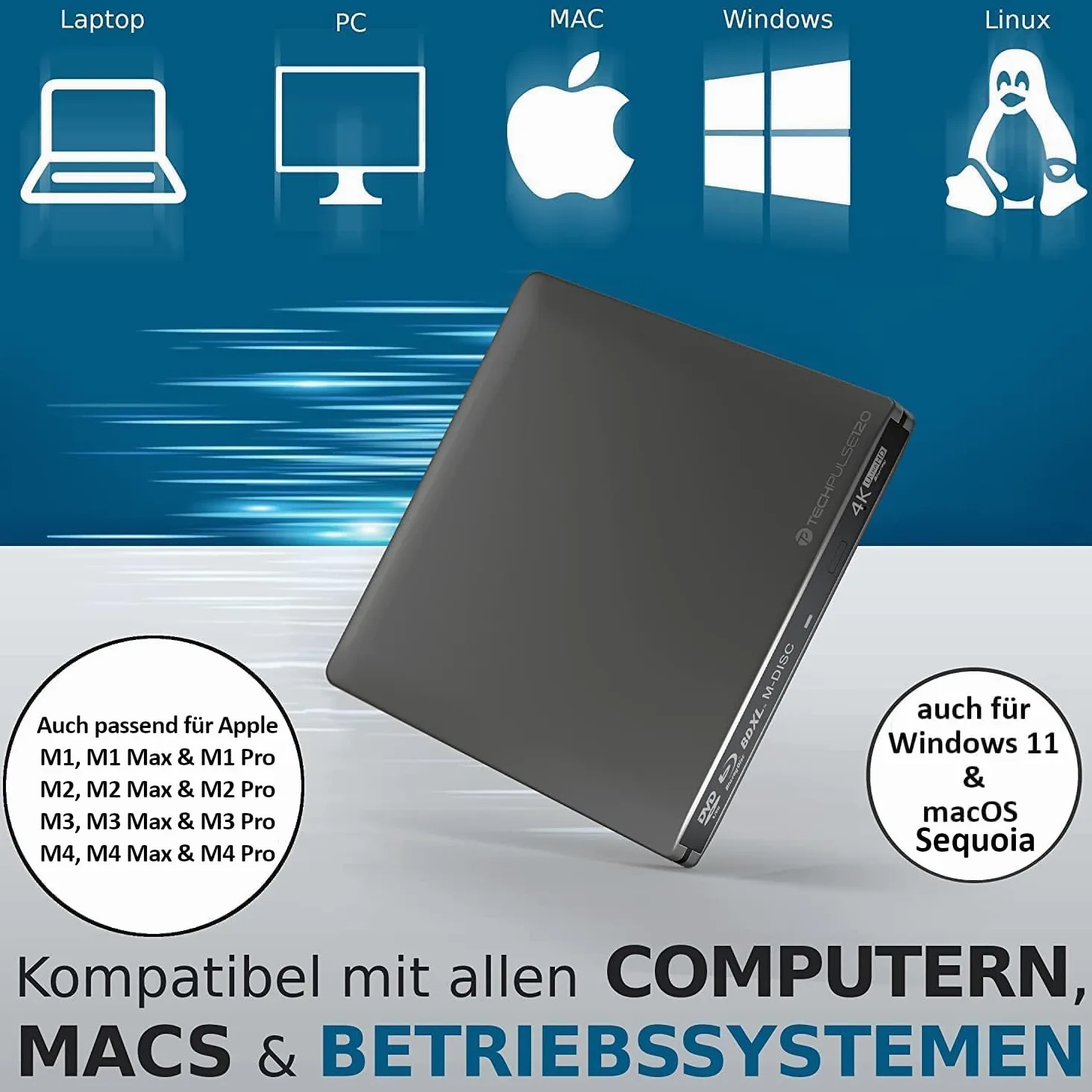 techPulse120 Masterizzatore esterno USB 3.1 Type C UHD HDR 4k 3D MDisc BDXL masterizzatore Blu-Ray Burner Superdrive BD DVD CD Alluminio Grigio