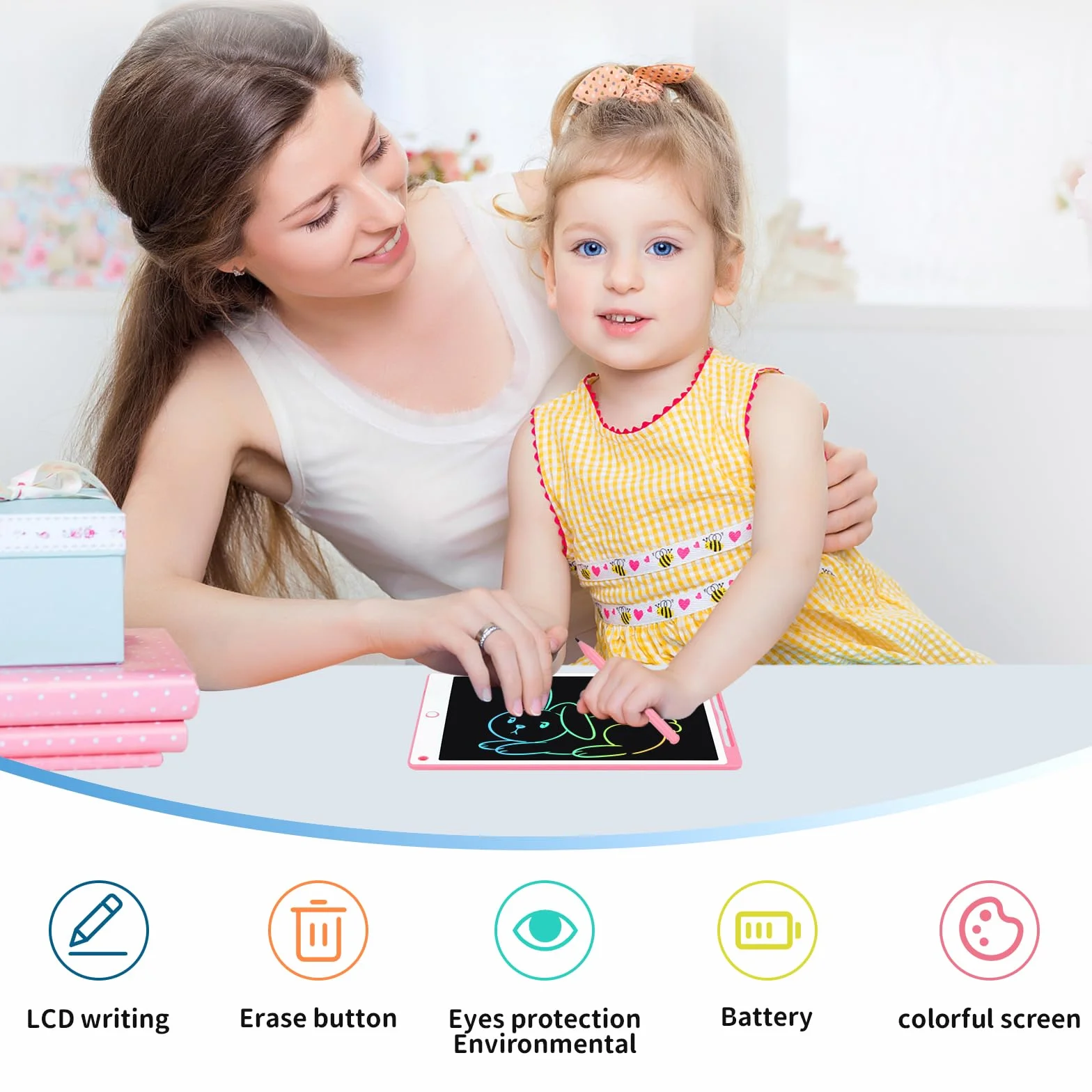 Tavoletta Grafica LCD 8.5 Pollici per Bambini con Pulsante Elimina e Blocco, Rosa