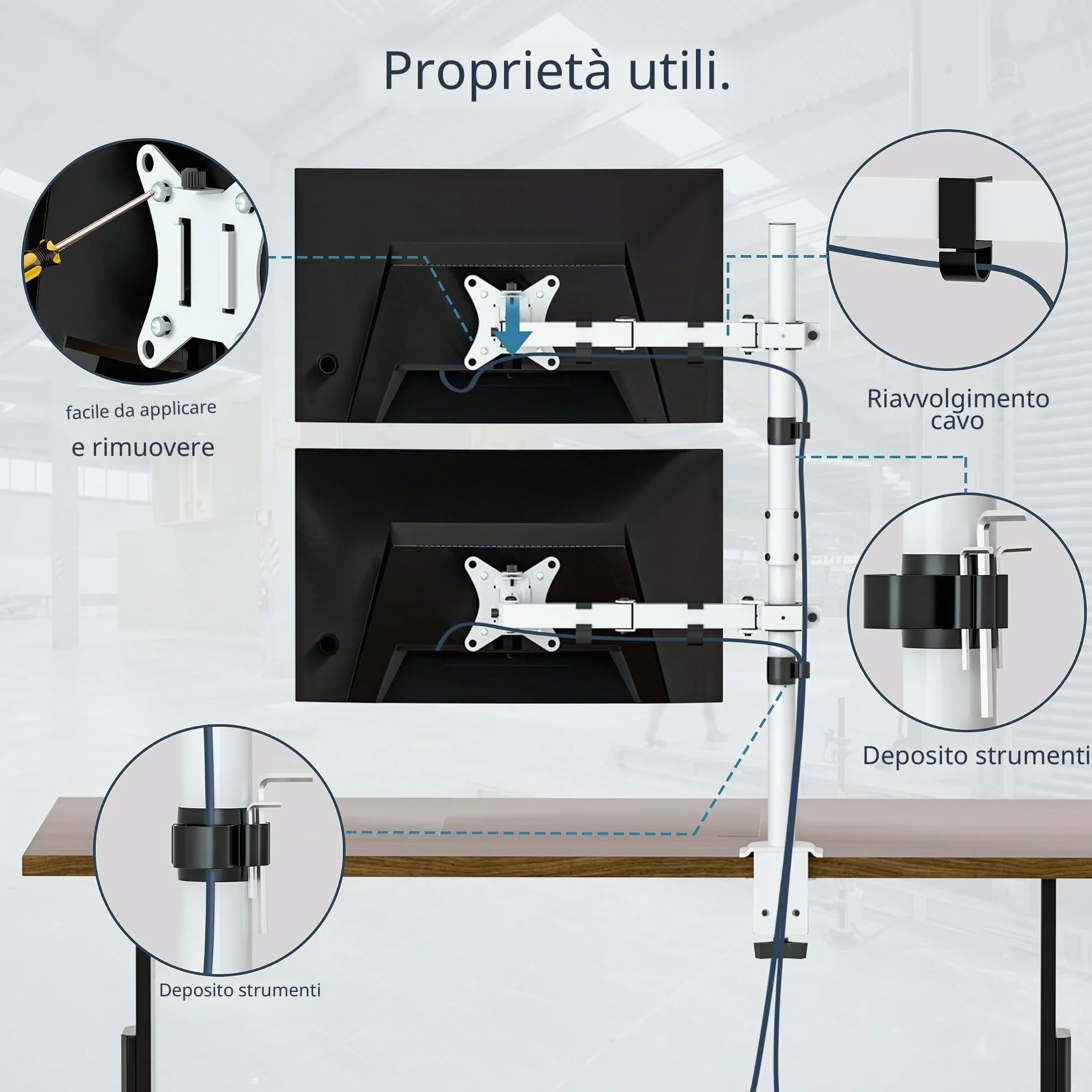 WORLDLIFT Supporto per Doppio Monitor Verticale per Schermo LED LCD da 17-32 Pollici Supporto VESA 75/100 mm Lunghezza dell'asta 80 cm Regolabile in altezza Capacità di peso 8KG