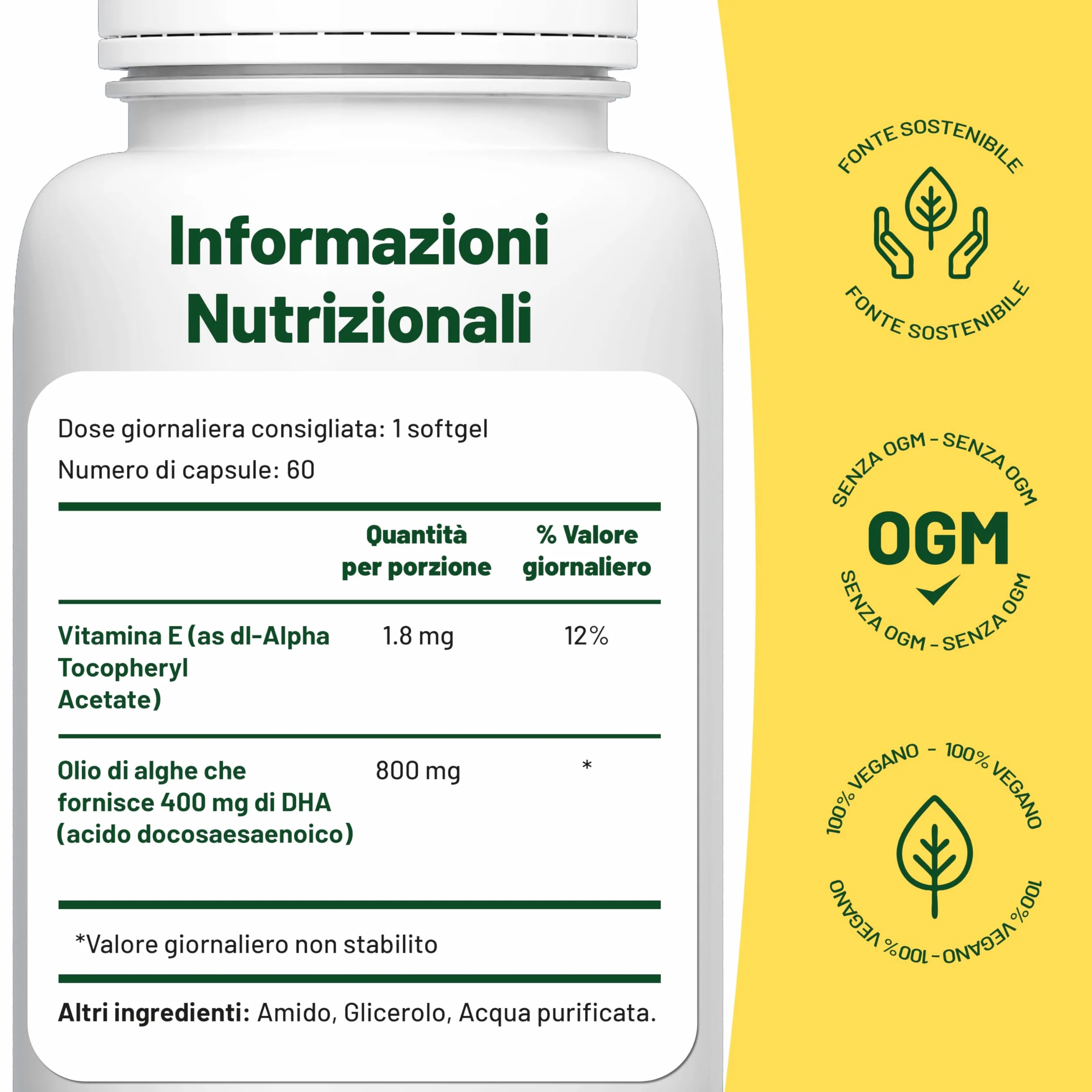 Omega 3 Vegan Olio di Alghe 400mg DHA 60 Capsule Integratore