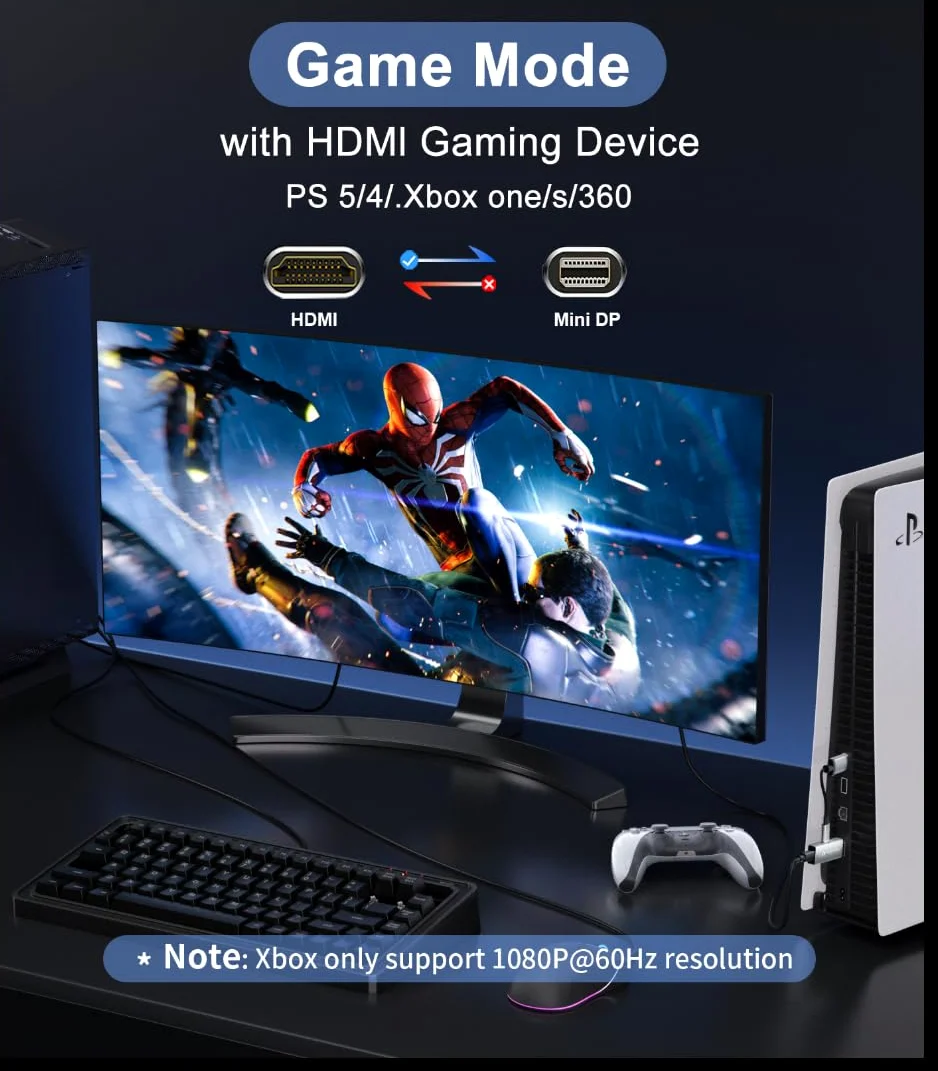 Adattatore da HDMI a Mini DisplayPort, 4K 60Hz, 1080p 120Hz, solo unidirezionale, HDMI (sorgente) 2.0 maschio a mini DP (display) femmina, convertitore per laptop, AMD, NVIDIA, PS5, Xbox e altro