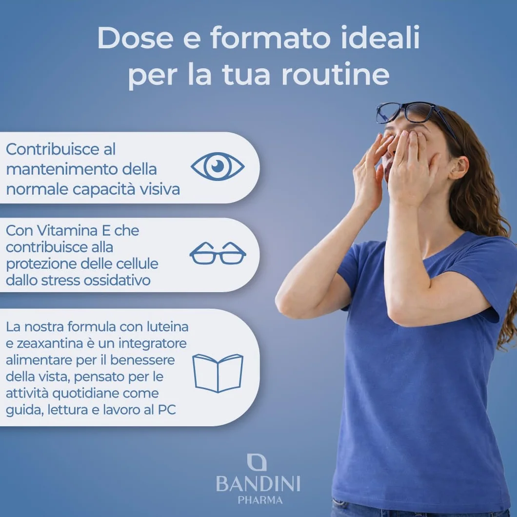 Bandini Luteina e Zeaxantina ad Alto Dosaggio, Integratore Occhi Vista Antiossidante con Mirtillo Nero e Vite Rossa, Zinco, Vitamine A, B2, E – 90 Compresse
