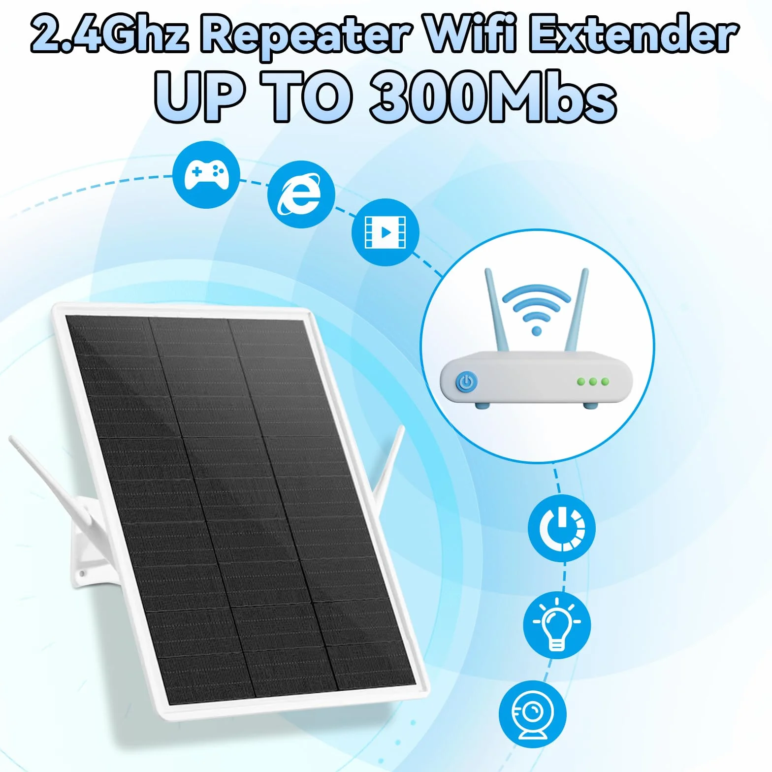 Ripetitore WLAN per esterni, batteria solare, Wi-Fi Booster WiFi Range Extender portata fino a 100 m, ripetitore WiFi da 2,4 GHz con 300 Mbit/s, punto di accesso WiFi compatibile con dispositivi da