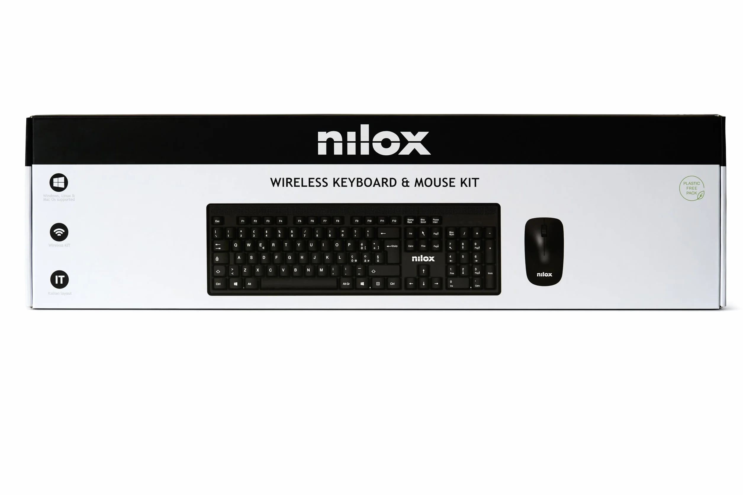 Nilox NXKMWIT011, Kit Tastiera e Mouse Wireless con Distanza Operativa di 10m, Tastiera con Layout Italiano, Mouse con Sensore Ottico da 1600 DPI, Compatibile con Windows, Linux e Mac
