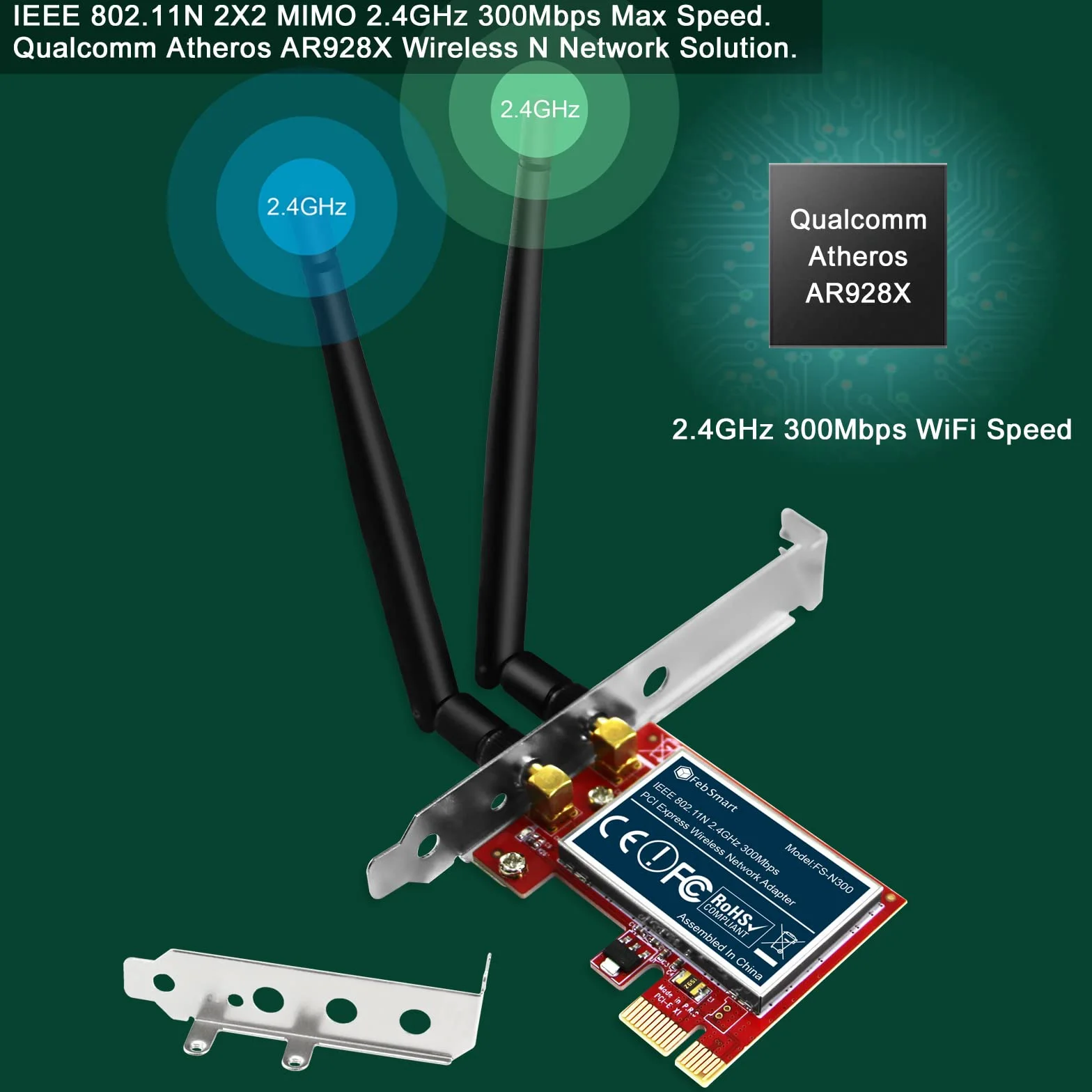 Wireless N 2.4 GHz 300 Mbps PCIe Scheda WiFi Adattatore di Rete Wireless per PC Windows, PCIe, PCIe WiFi Compatibile (fs-n300)