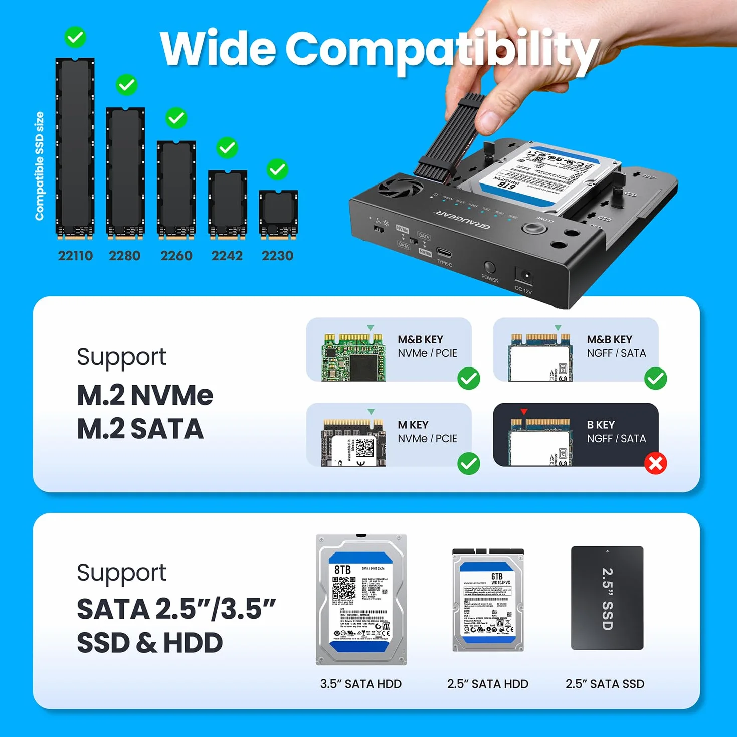 GRAUGEAR Stazione di Clonazione Bidirezionale HDD SATA 2,5/3,5 SSD M.2 SATA NVMe Docking Station USB 3.2 Gen 2 10 Gbit/s USB-C