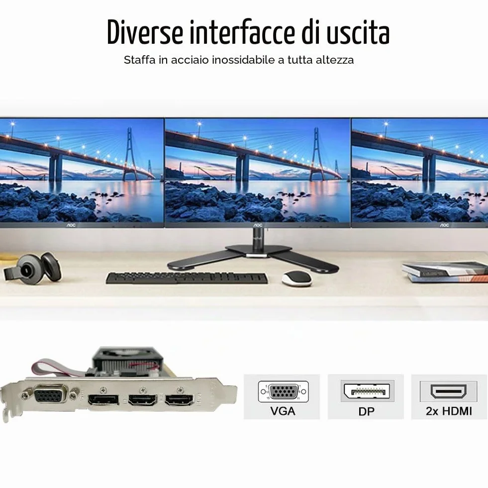 QTHREE GT 730 4G D3 Scheda Video, 2x HDMI, 1x DVI, 1x VGA, Scheda Grafica PC, GPU, per più monitor, for Win 7, 8, 10, 11, DirectX 11, 12