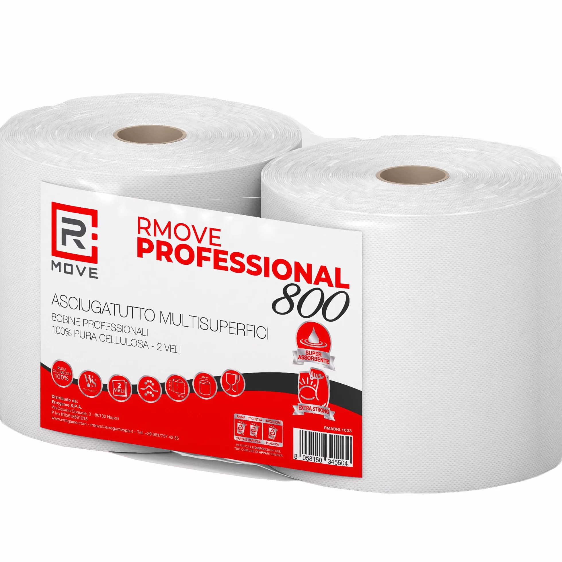 R MOVE 2 Rotoloni carta asciugatutto 1,7kg 900 strappi bobina industriale 2 veli pura cellulosa