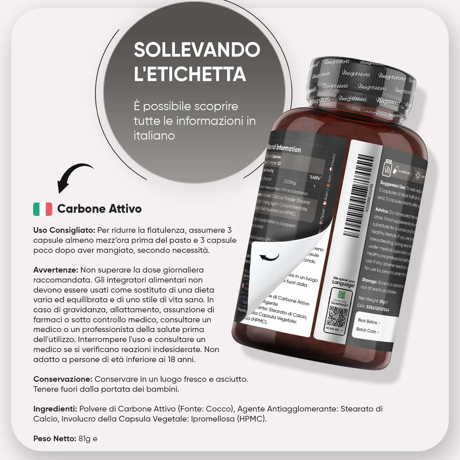 Carbone Vegetale Attivo 2000mg 180 Capsule Vegane, Riduce l'Eccessiva Flatulenza Dopo Aver Mangiato