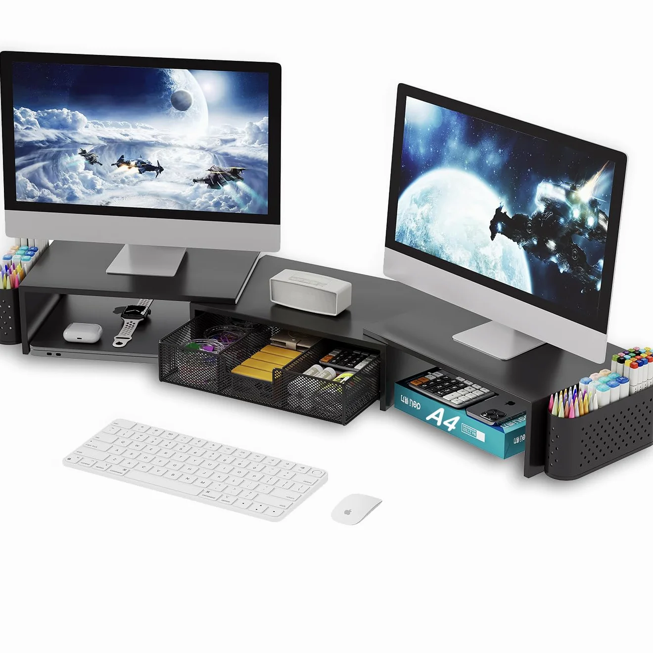 Supporto in Metallo per Due Monitor, Rialzo per Monitor con Cassetto e 2 Portapenne, Supporto Rialzato per Due Monitor per Laptop, PC, Computer e Stampante da Scrivania (Nero)