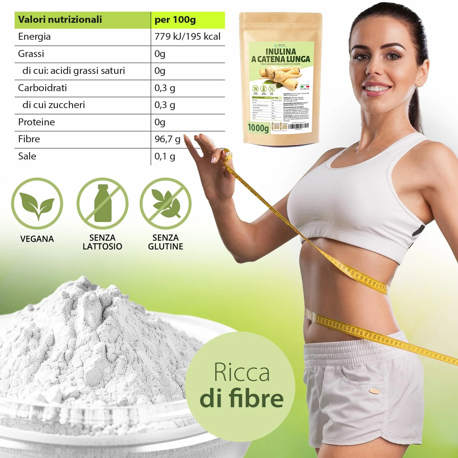 Detox Organica Inulina di Cicoria a Catena Lunga 1000g Polvere Fibra Vegetale Vegana