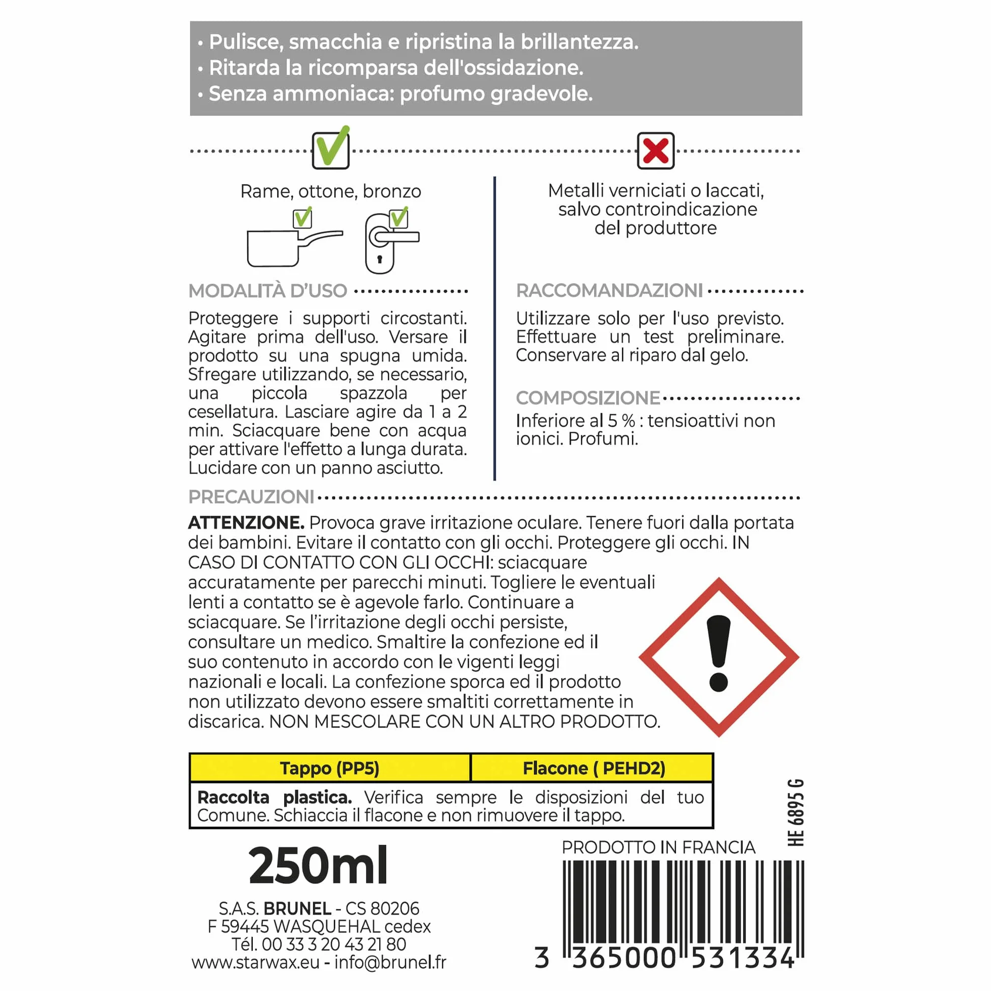 STARWAX Speciale rame bronzo ottone pulisce smacchia ravviva lucentezza effetto lunga durata ritarda ossidazione senza ammoniaca