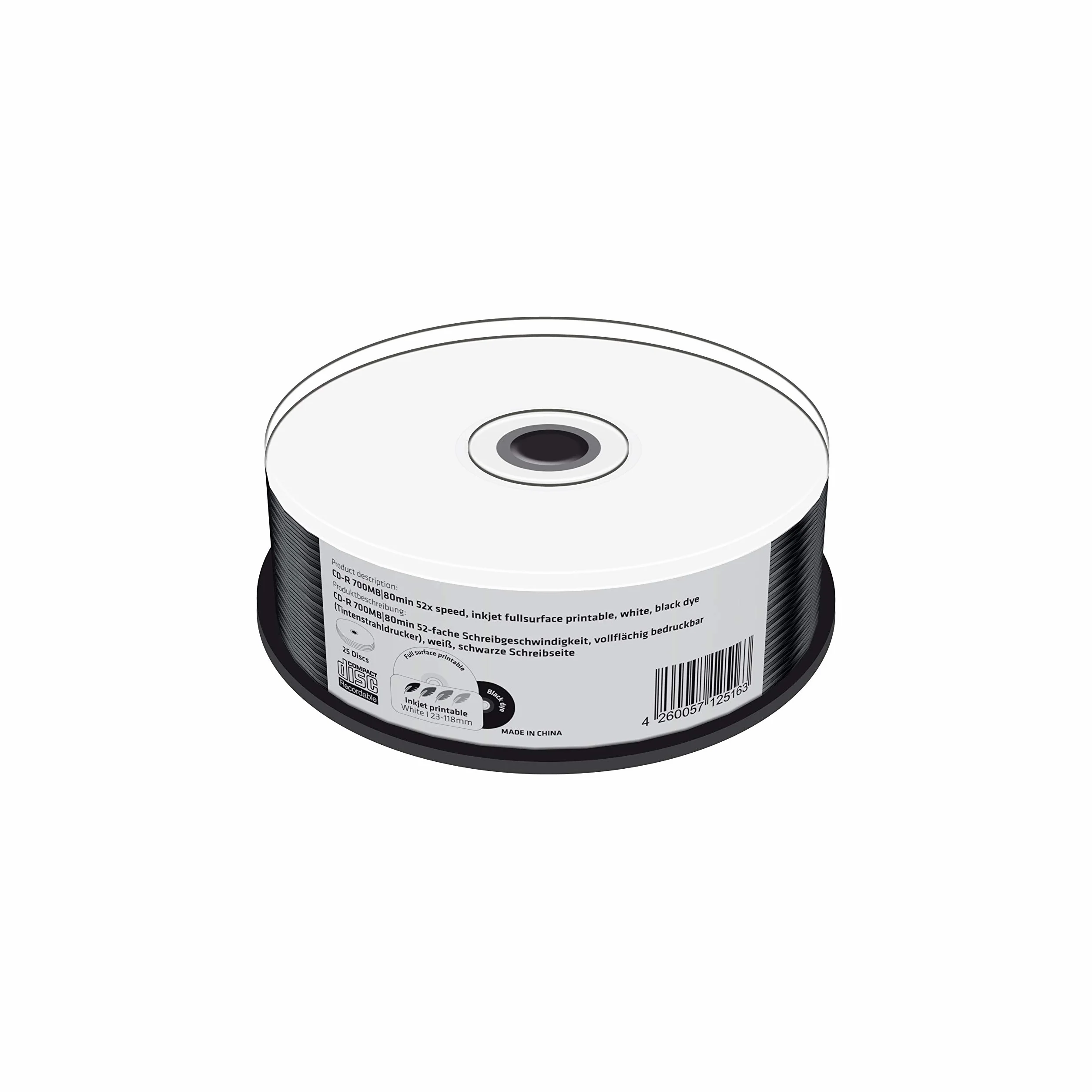 CD-R 700 MB - Velocità di scrittura 52 volte - Stampabile su tutta la superficie (stampante a getto d'inchiostro), pagina di scrittura nera, scatola per torta da 25