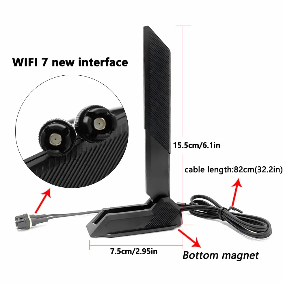 Gintai Antenna WiFi 7 WLAN Amplificatori Tri-Band 6GHz/5GHz/2.4GHz per WiFi 7 Carte,12dBi Bluetooth 5.4 Antenna WiFi pc,Base Magnetica, Amplificatore segnale 802.11be per PC/Router/PCI