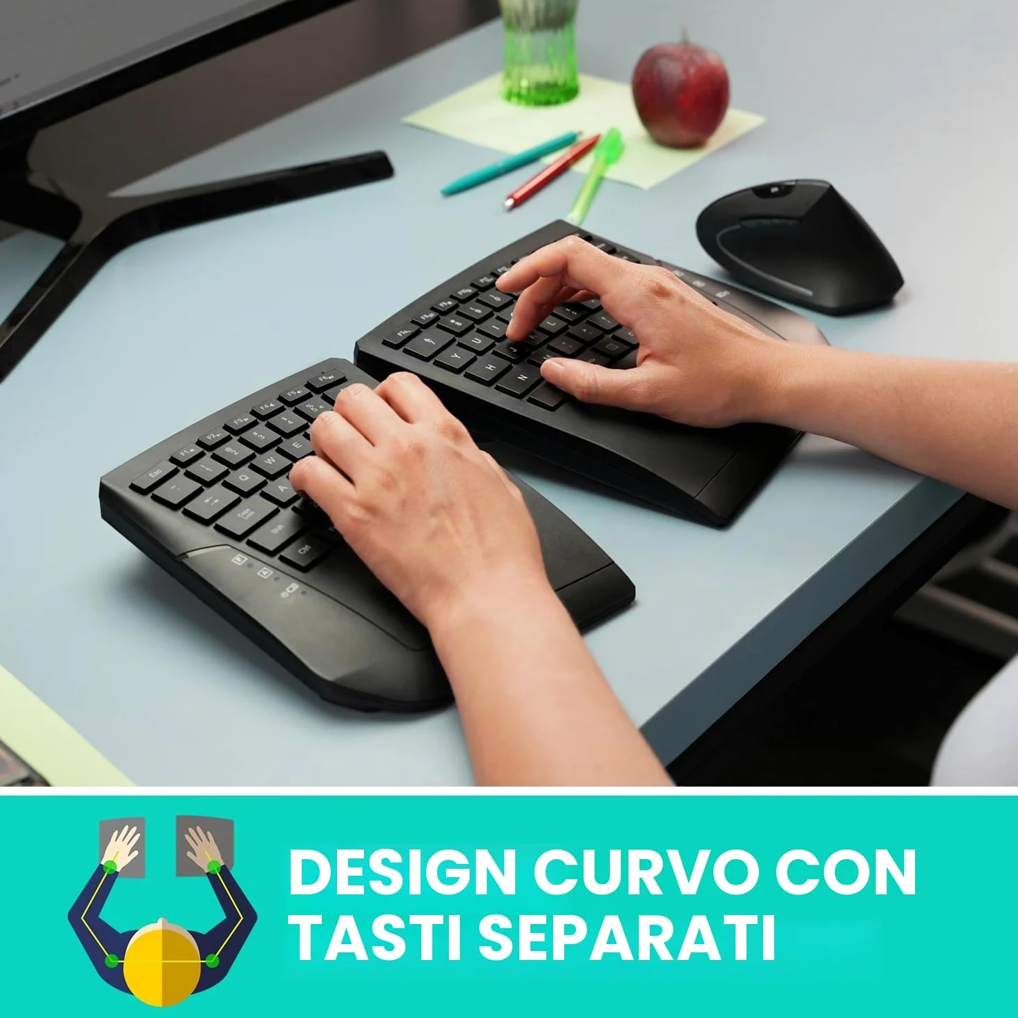 Perixx PERIBOARD-624B - Tastiera wireless ergonomica, con due metà separate, layout QWERTY UK