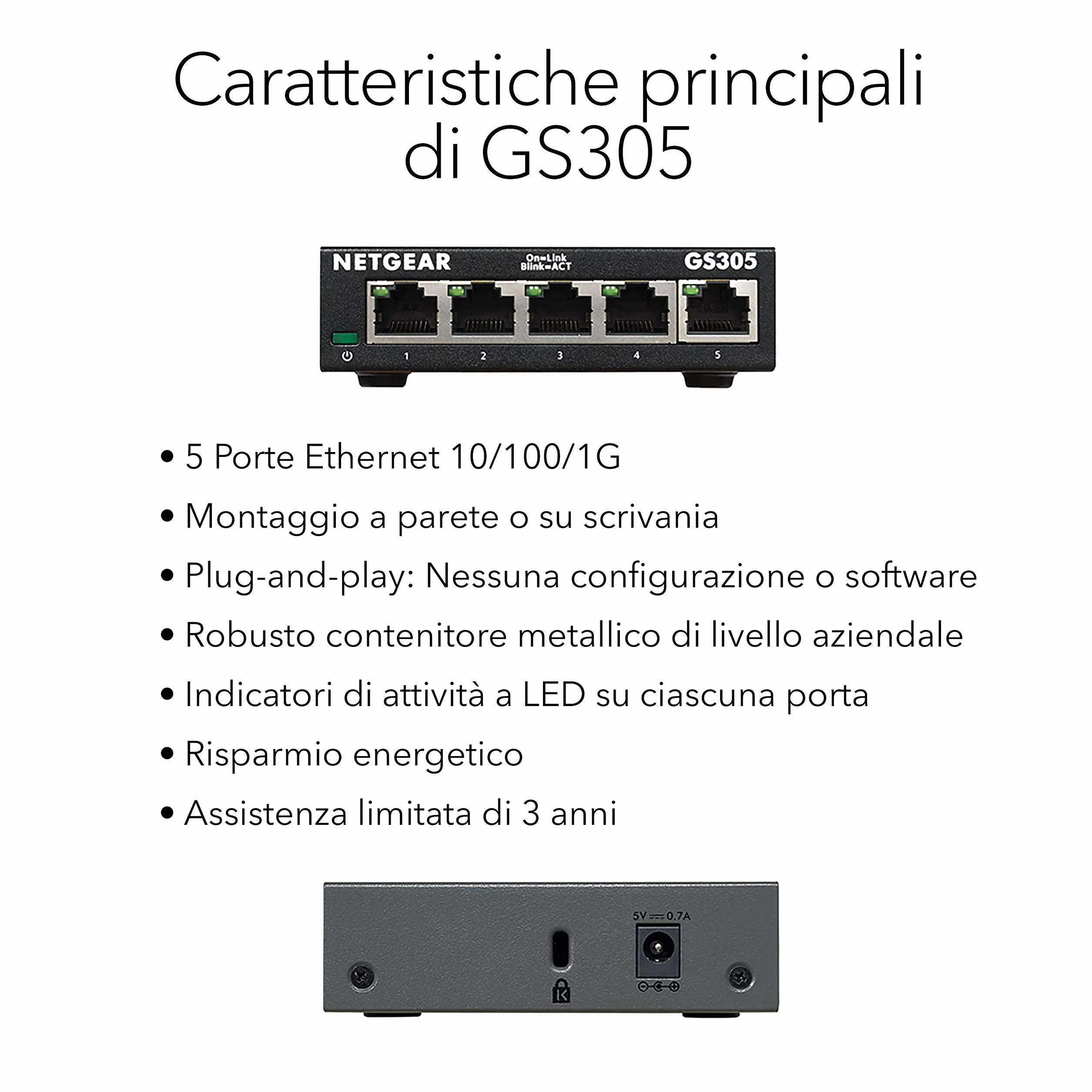 NETGEAR 5 Port Switch Ethernet GS305, Switch Ethernet, Switch Gigabit, Plug-and-Play, Funzionamento silenzioso, Montaggio a parete o da tavolo