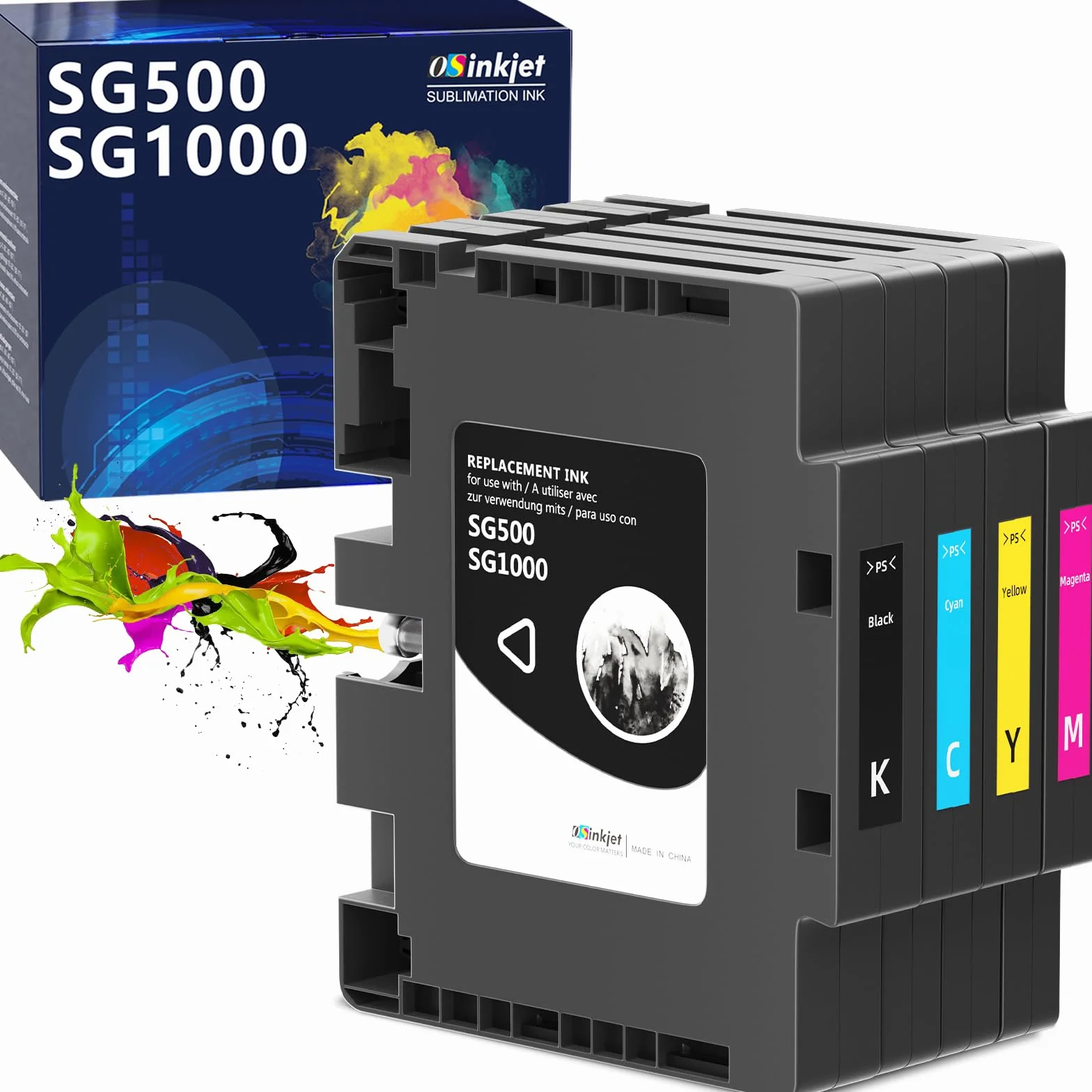 SG500 SG1000 - Inchiostro compatibile con stampanti a sublimazione Sawgrass SG500 SG1000 (confezione da 4, 1 nero, 1 ciano, 1 magenta, 1 giallo), chip aggiornato, nessun numero di serie AB