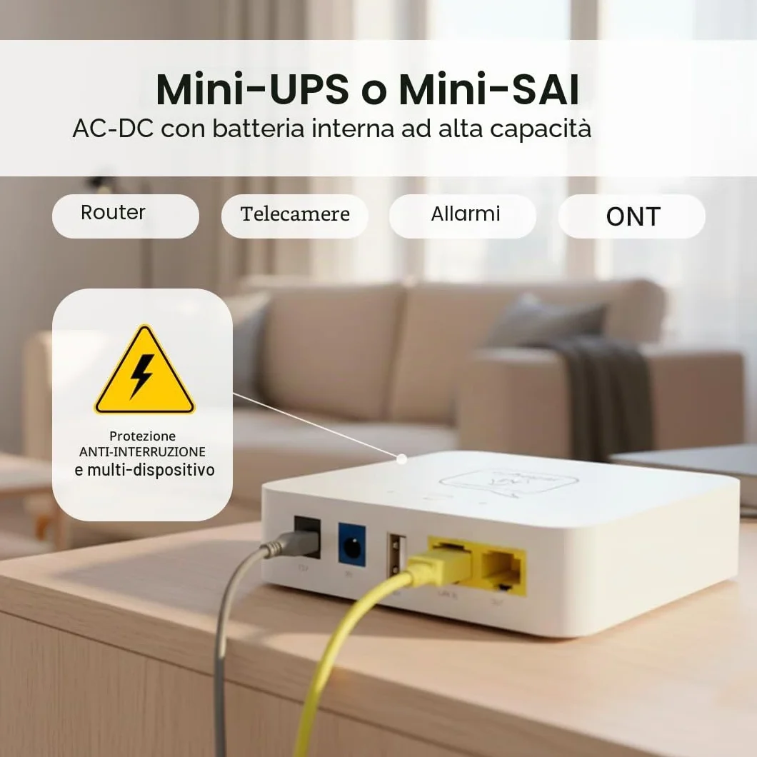 Nuovo Mini UPS o Mini SAI AC-DC | Con batteria interna ad alta capacità | Uscite 5V+9V+12V e PoE | Protezione contro interruzioni di corrente e cortocircuiti | Router, allarmi e dispositivi, 8800 mAh