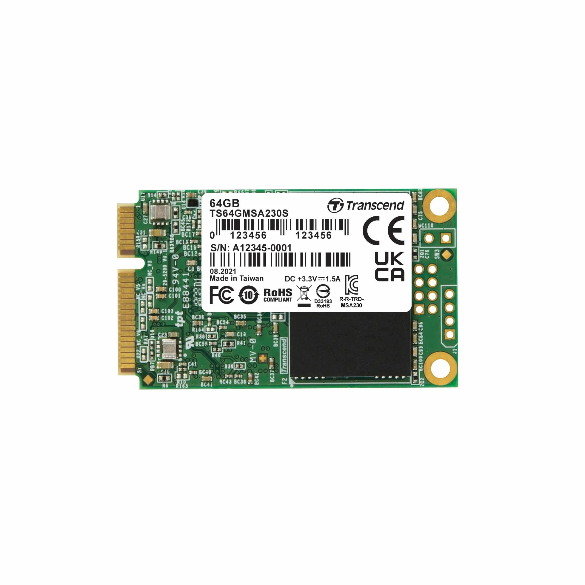 Transcend SSD MSA230S mSATA SATA III 6 Gb/s da 64 GB, memoria 3D TLC NAND - TS64GMSA230S