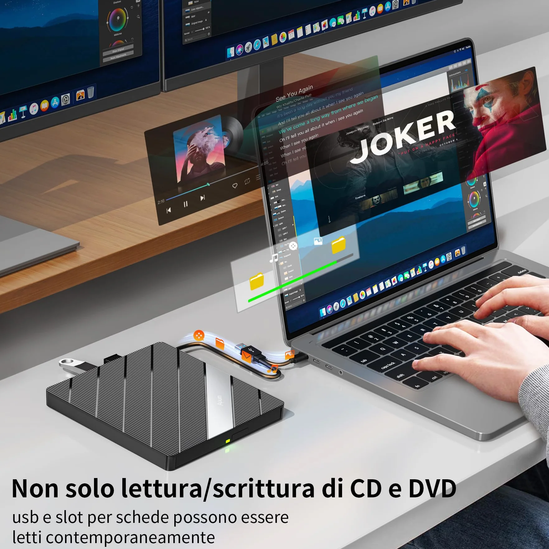 Alxum Unità DVD Esterna per Computer Portatile CD/DVD con Lettore di Schede SD&TF e porte USB 2.0 USB 3.0, Disco CD Esterno USB e USB C per Laptop, Desktop, MacBook, Windows, Linux, Mac OS, Vista