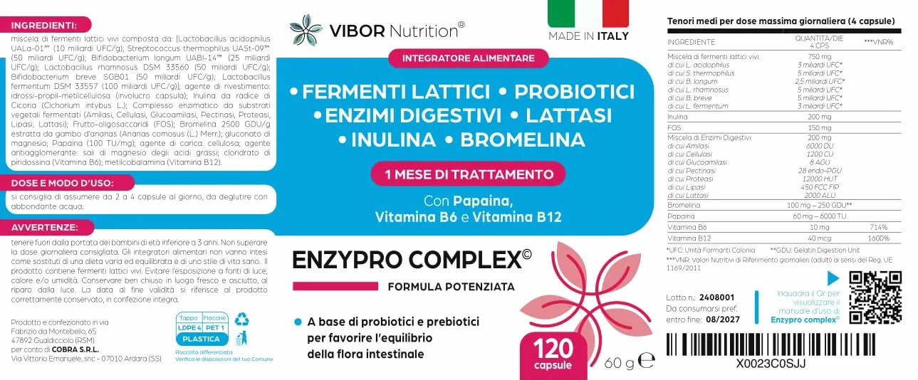 Vibor 120 Cps Enzypro Complex 3 in 1, Fermenti Lattici Probiotici E Prebiotici Per Intestino + Enzimi Digestivi Bromelina Plus Forte Drenante, Lattasi, Inulina, Riduce Il Gonfiore Addominale, Per Adulti