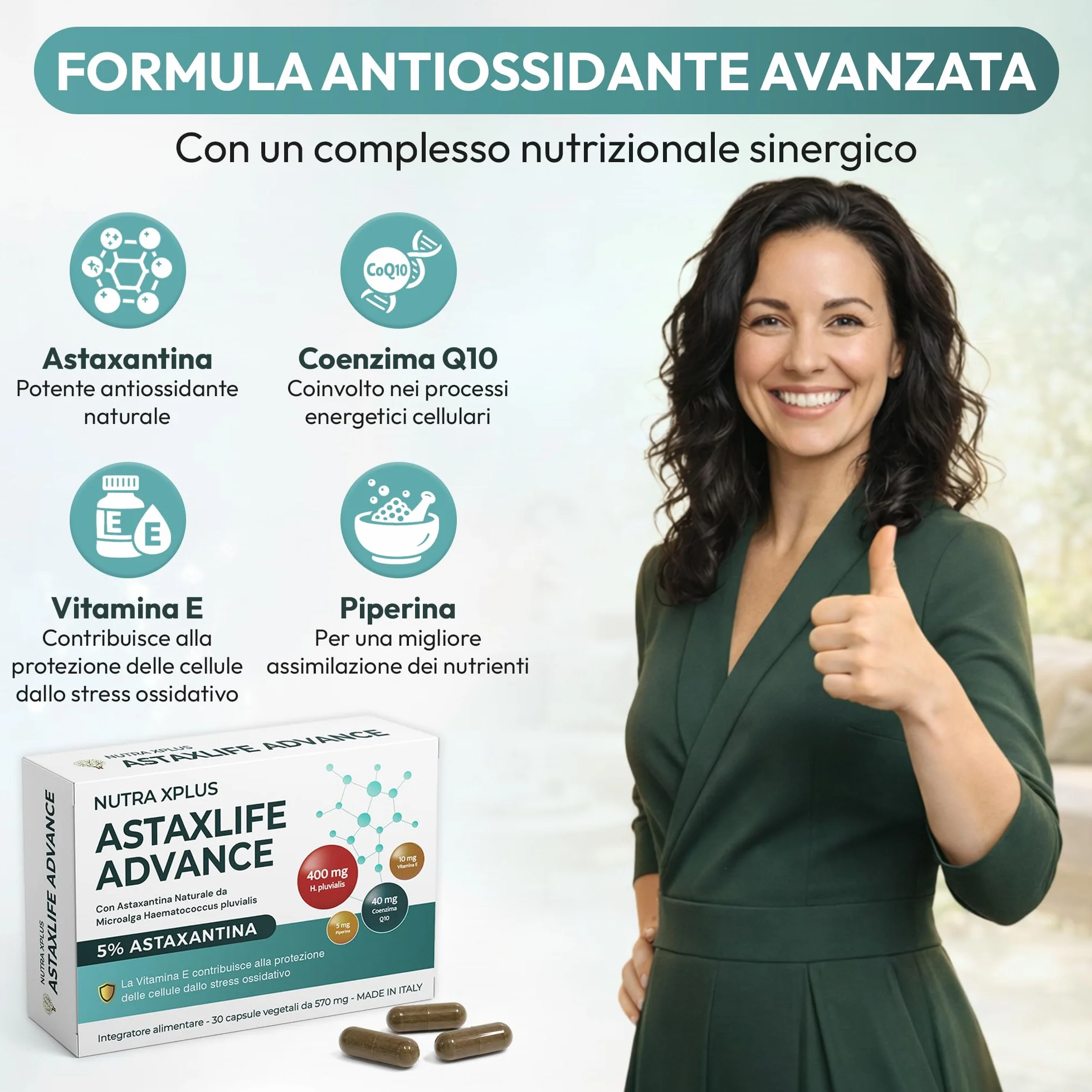 AstaxLife Advance Astaxantina 20 mg con Coenzima Q10, Vitamina E e Piperina antiossidante naturale