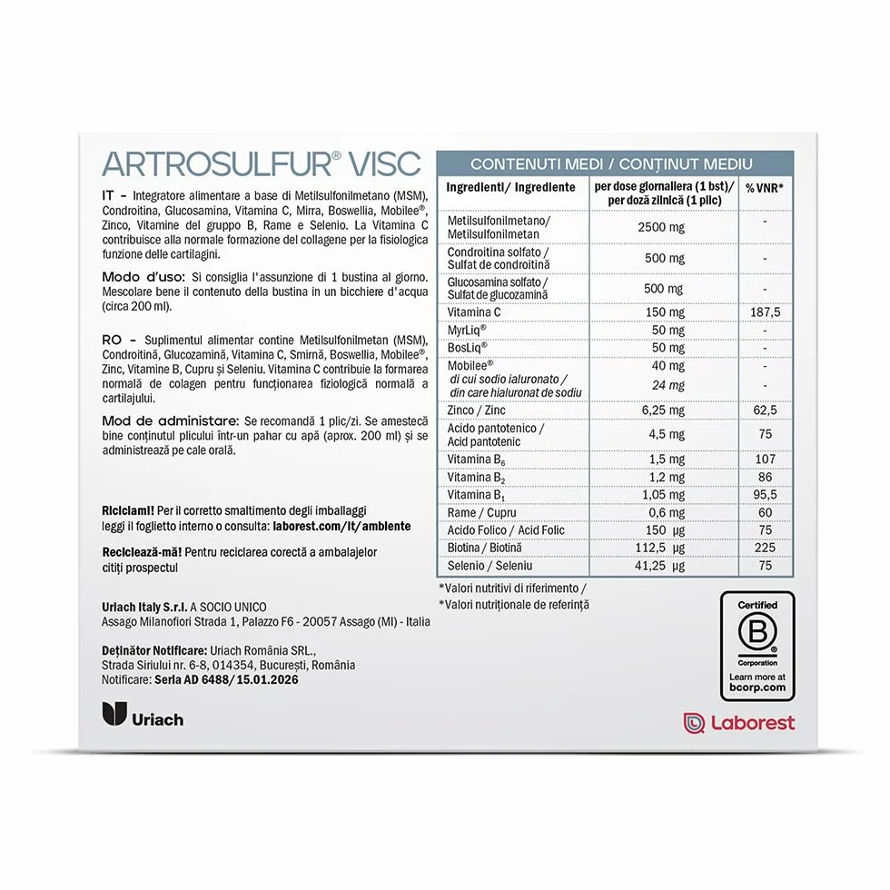 Laborest Artrosulfur Visc 16 Bustine MSM Glucosamina Integratore Senza Glutine e Lattosio
