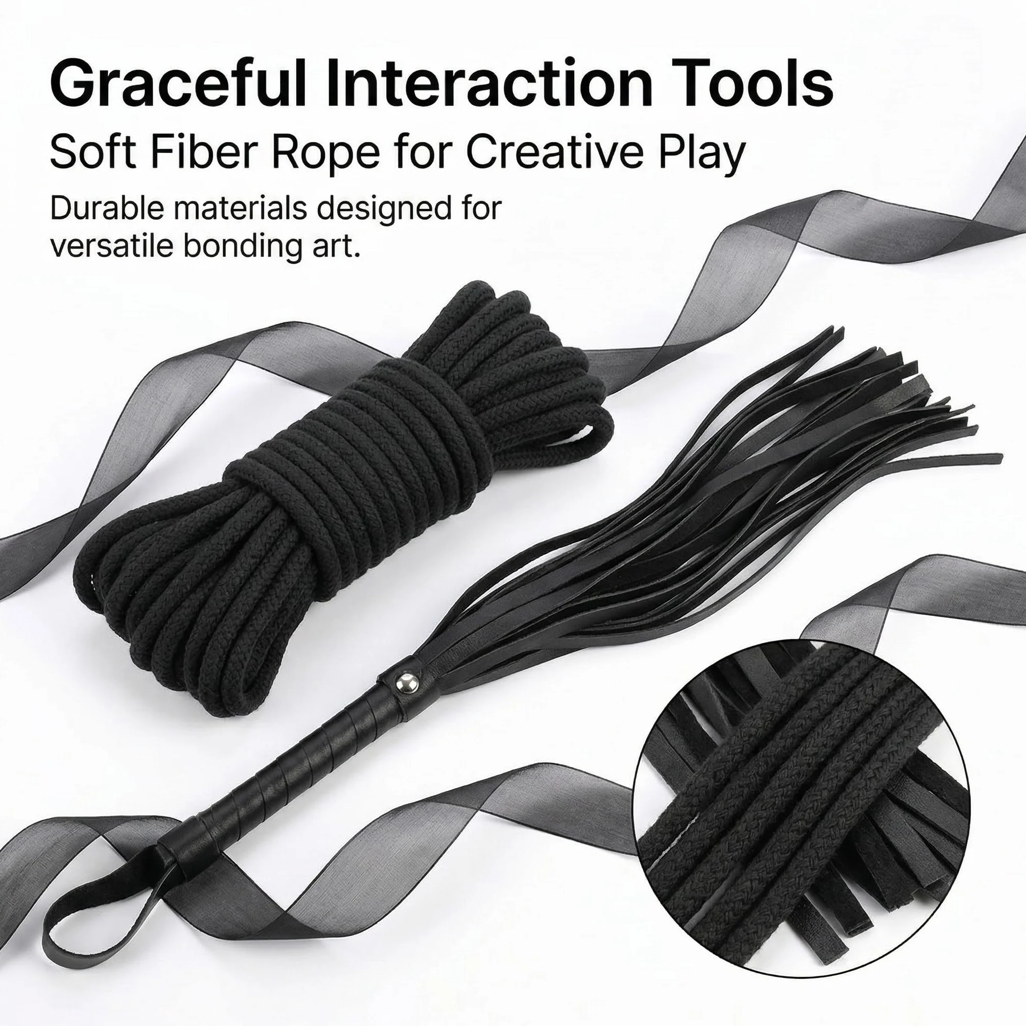 Set di legacci BDSM 7 pezzi, manette, collare con corda, benda SM, giocattoli erotici (Nero)