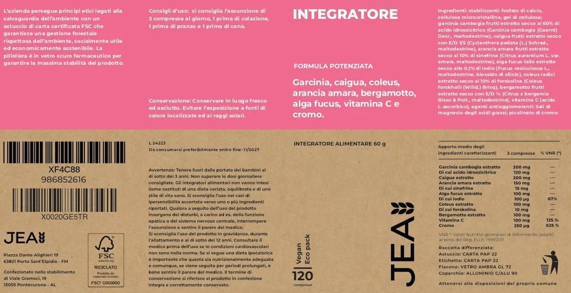 JEA Integratore Garcinia Cambogia, Caigua, Arancia Amara, Fucus e Coleus - Supporto Dieta e Attività Sportiva con Cromo e Vitamina C - 120 Compresse