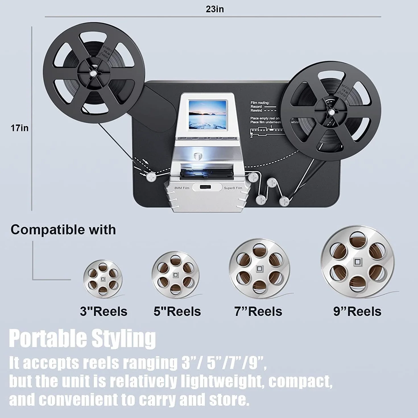 8mm e Super 8 Film to Digital Converter, Scanner Digitizer con schermo da 2,4 pollici, Convertire 3 "5" 7" 9 "Reels View Frame by Frame in 1080P MP4 Digitali, Condivisione e risparmio su 32GB SD Card
