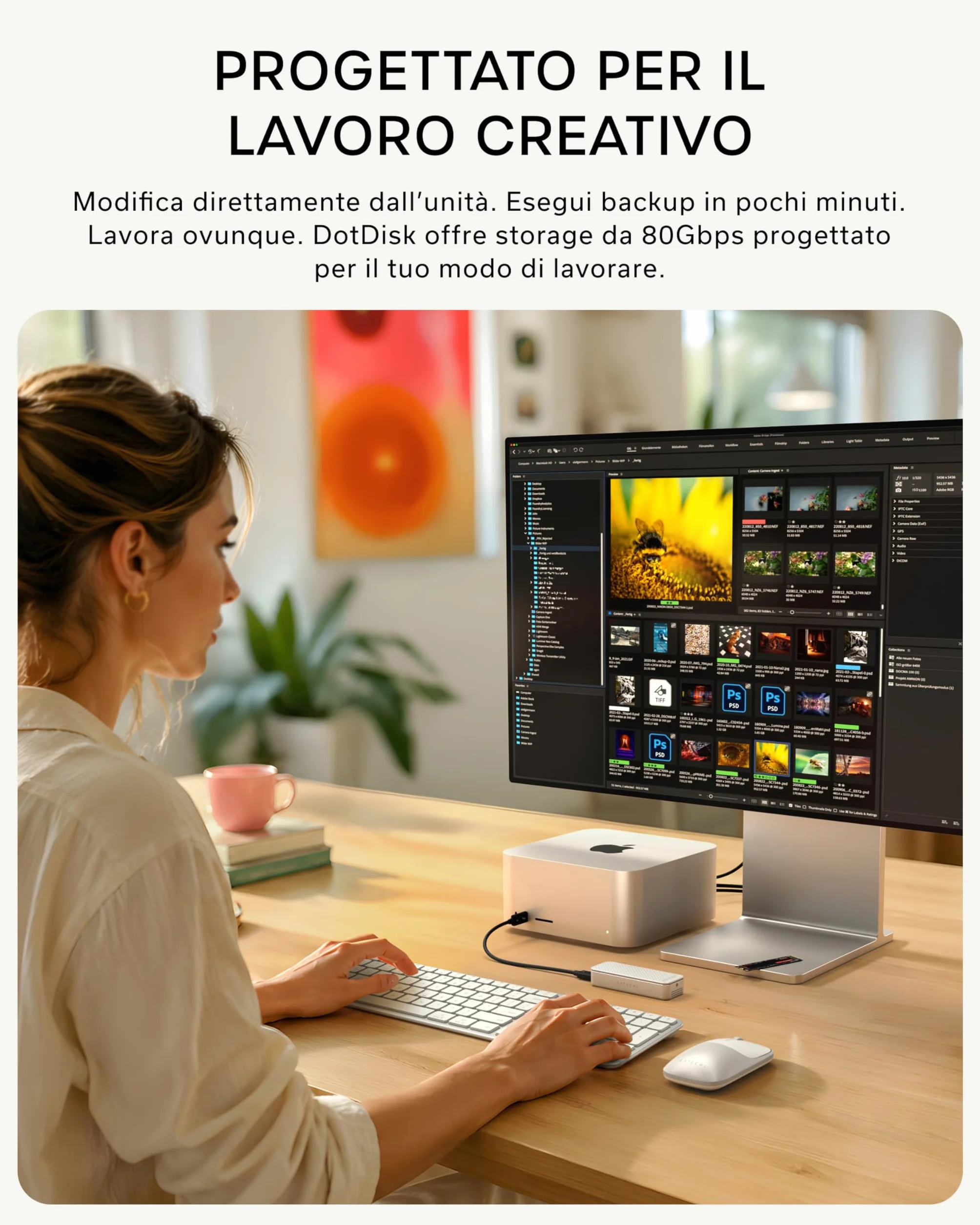 SATECHI DotDisk™ Case SSD M.2 NVMe 80Gbps, USB4 V2 in Alluminio con Raffreddamento Attivo, Trasferimento Ultra Rapido per Thunderbolt 5 e USB4 – Argento