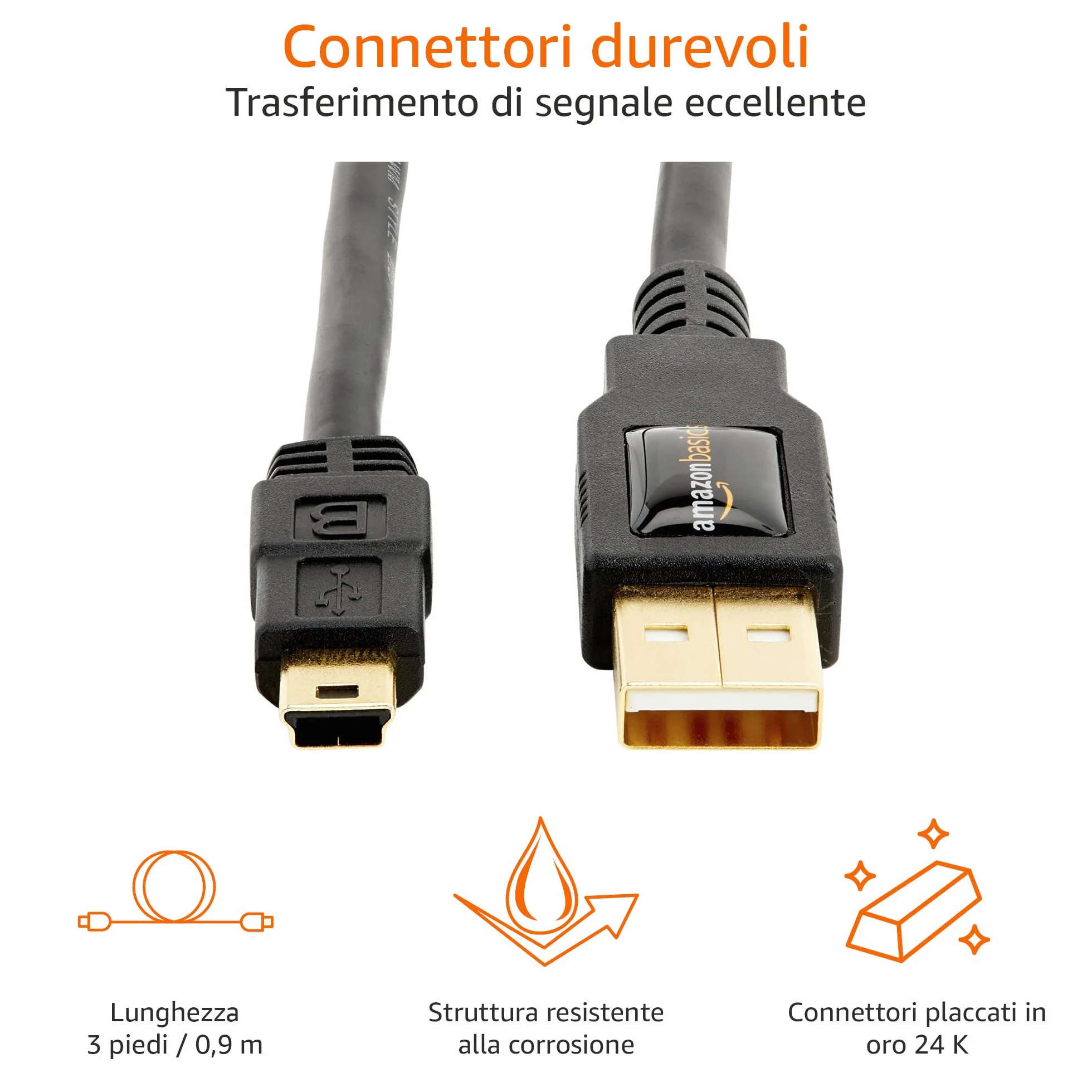 AmazonBasics Cavo USB-A 2.0 maschio/Mini USB B (0.9 m) per Personal computer, Nero