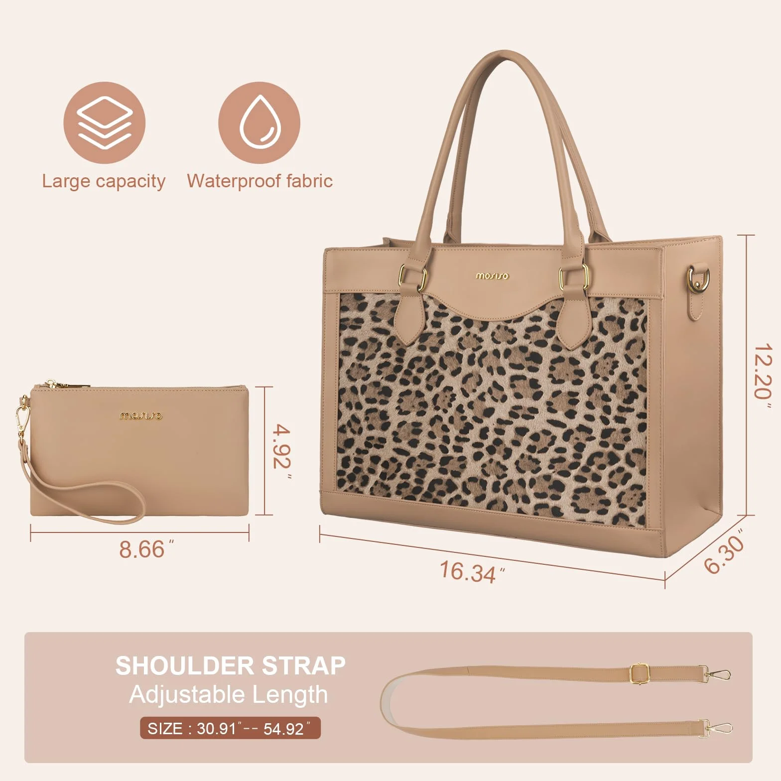 MOSISO 15,6 Pollici Borsa Tote Laptop con Grande Capacita, Custodia Laptop Pelle PU con Grana Leopardata Donna e Pochette, Borsa Computer Impermeabile, Valigetta Lavoro Ufficio, Albicocca