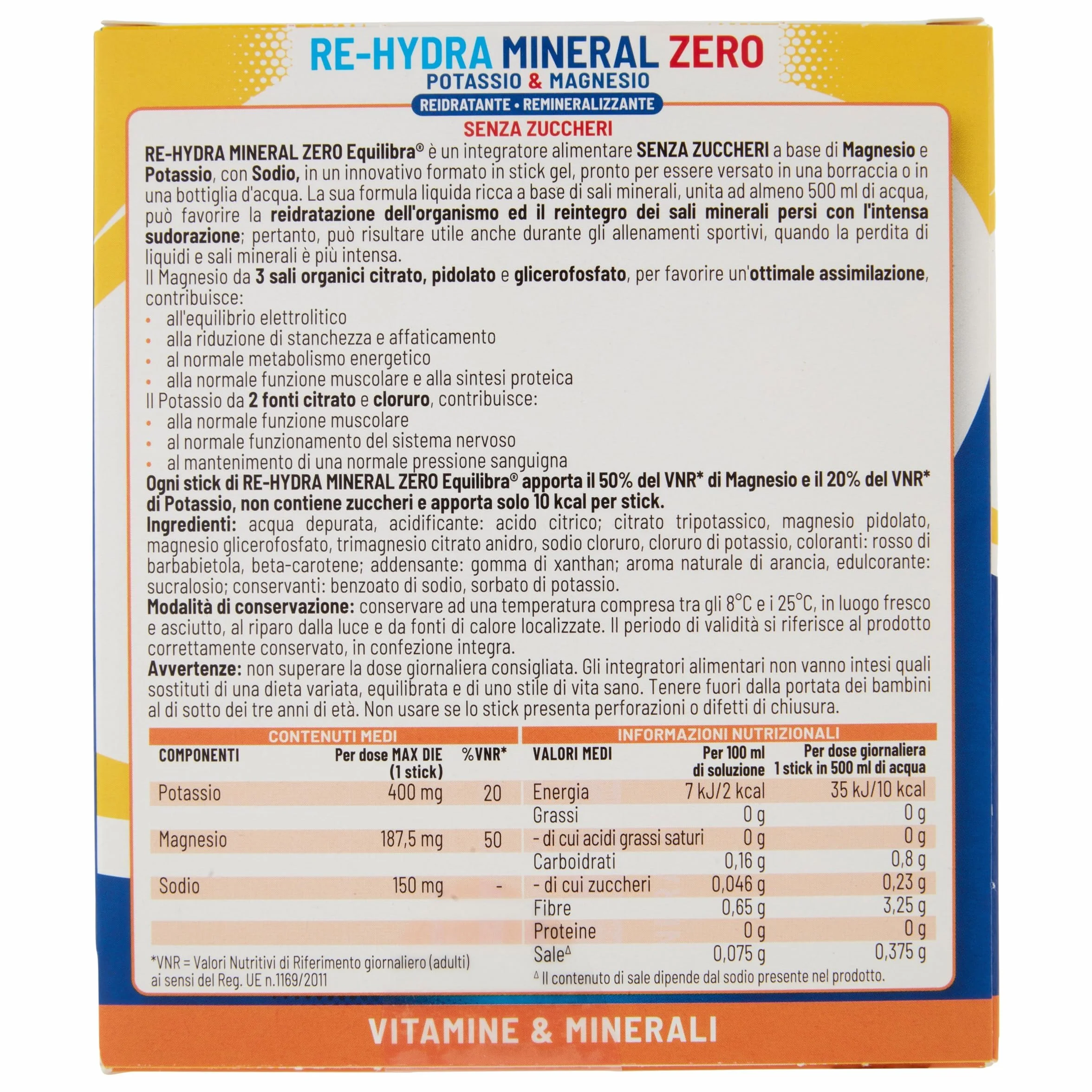 Equilibra Potassio e Magnesio Integratore Re-Hydra Mineral Zero 12 Stick Gusto Arancia Senza Zuccheri