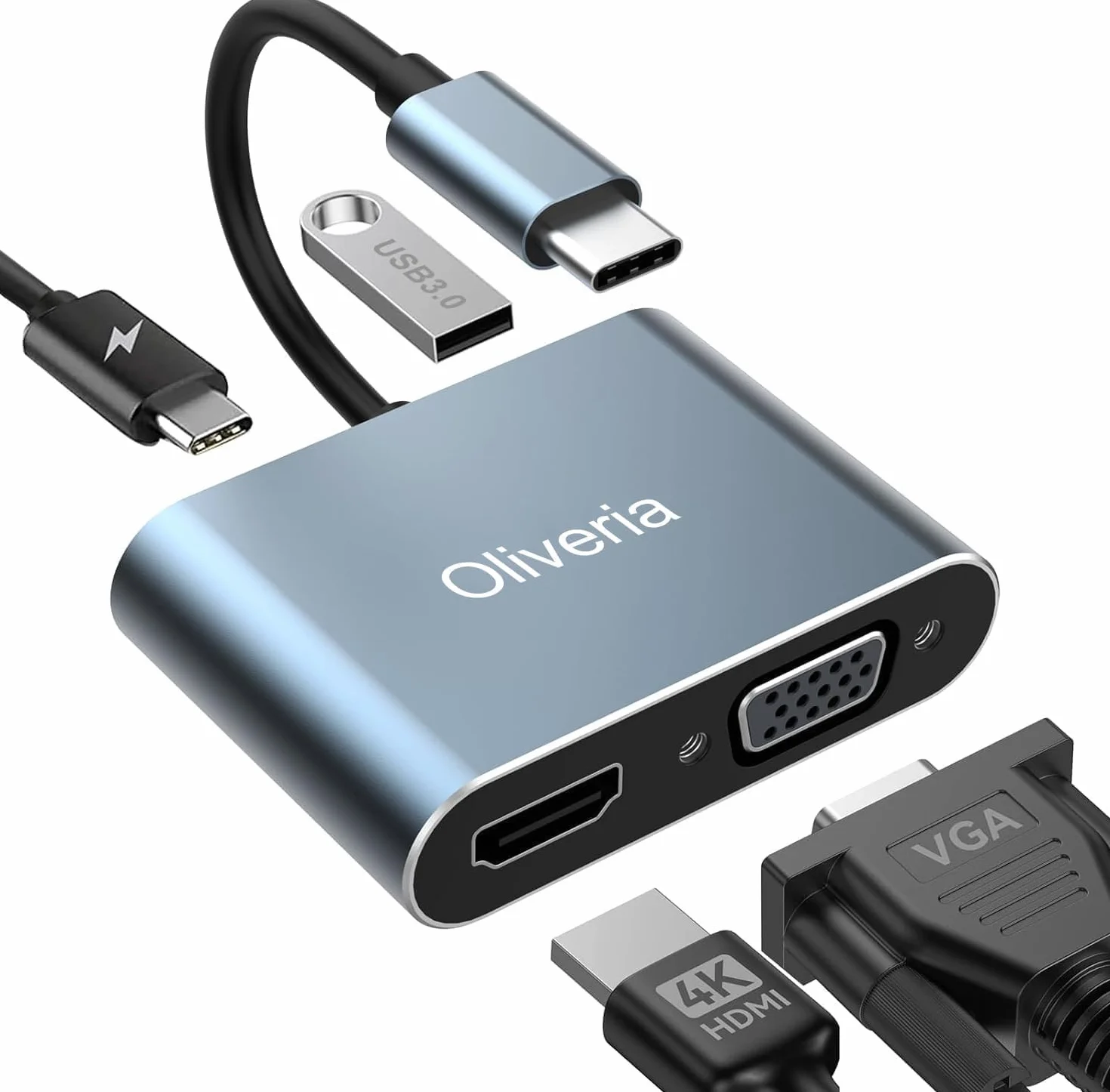 Oliveria Adattatore Multiporta USB C 4 in 1 4K@30Hz HDMI VGA Thunderbolt 3 PD 100W USB 3.0 per MacBook