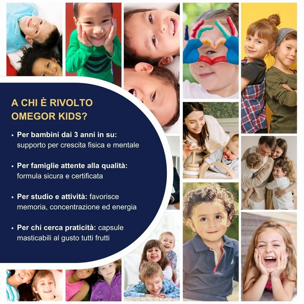 Omega 3 Bambini OMEGOR Kids 3+ Anni 60 Capsule Masticabili alla Frutta con Vitamine D3 ed E Ricco di EPA e DHA