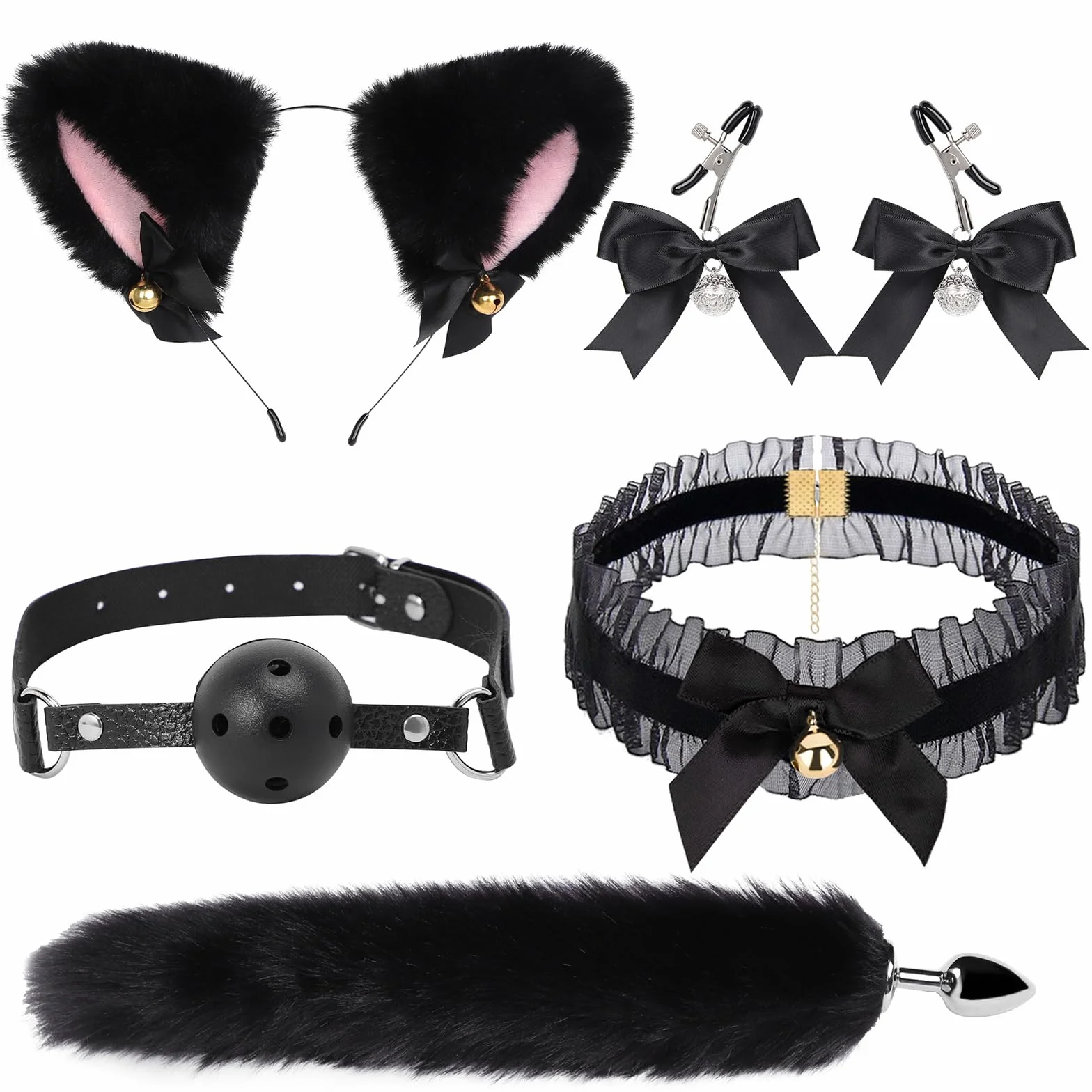 Giocattoli Sessuali Anale con Coda Roleplay Orecchie Di Gatto Gag Campane Collare Capezzolo Morsetti 5 Pezzi (Black)