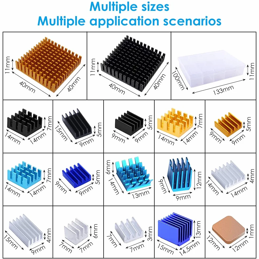 GeeekPi 102 pezzi (12 misure diverse) Kit dissipatore di calore con nastro conduttivo, dissipatore di calore in alluminio e dissipatore di rame per Raspberry Pi A B + 2/3/4