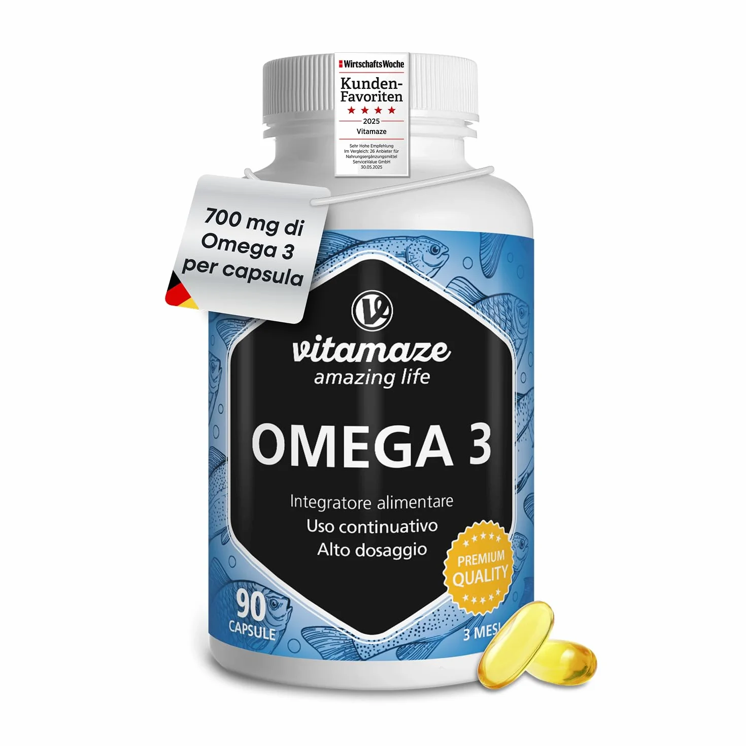 Vitamaze Omega 3 1000mg per Capsula Alto Dosaggio Olio di Pesce EPA 400mg DHA 300mg FOS Certificato