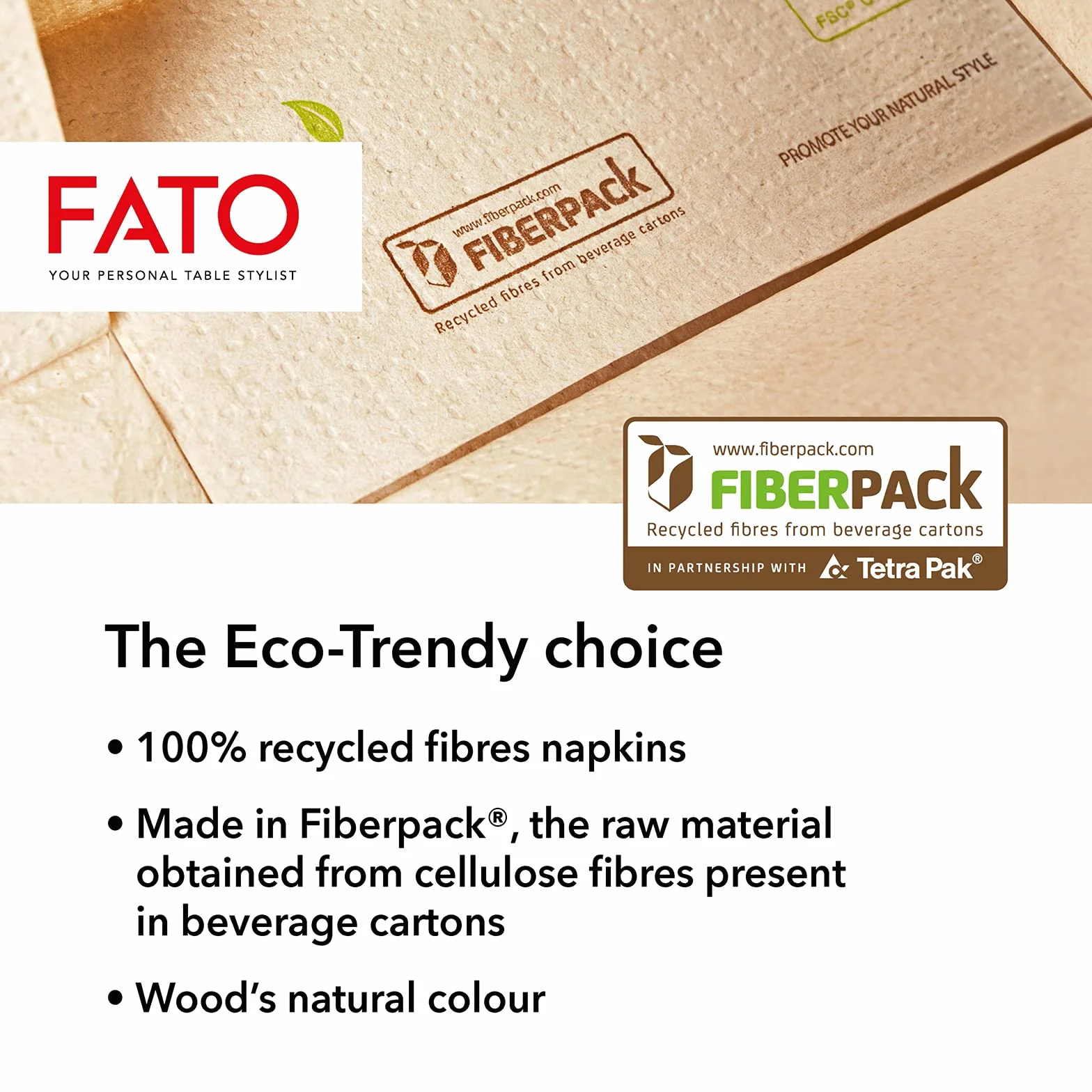 Tovaglioli Natural di Carta Monouso Piegati in 4, Ecologici, Confezione da 50, 33x33, 2 veli, Fibre Riciclate