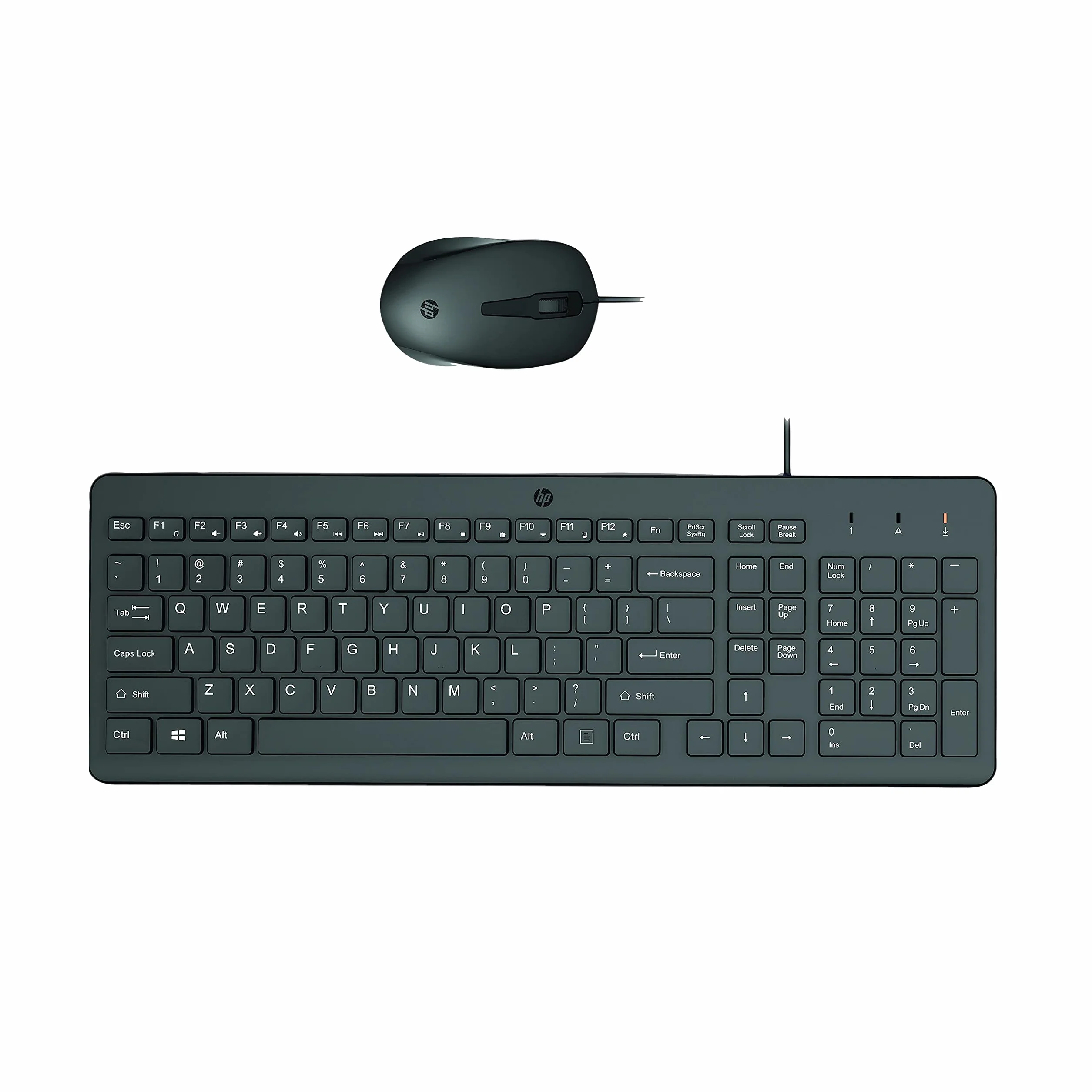 HP 150 Combo Tastiera e Mouse con cavo USB da 100 cm, Indicatore LED Blocco Maiuscole, 12 Combinazioni di Tasti, Plug and Play, Mouse Sensore Ottico da 1600 DPI, Compatibile con Windows 11, Nera