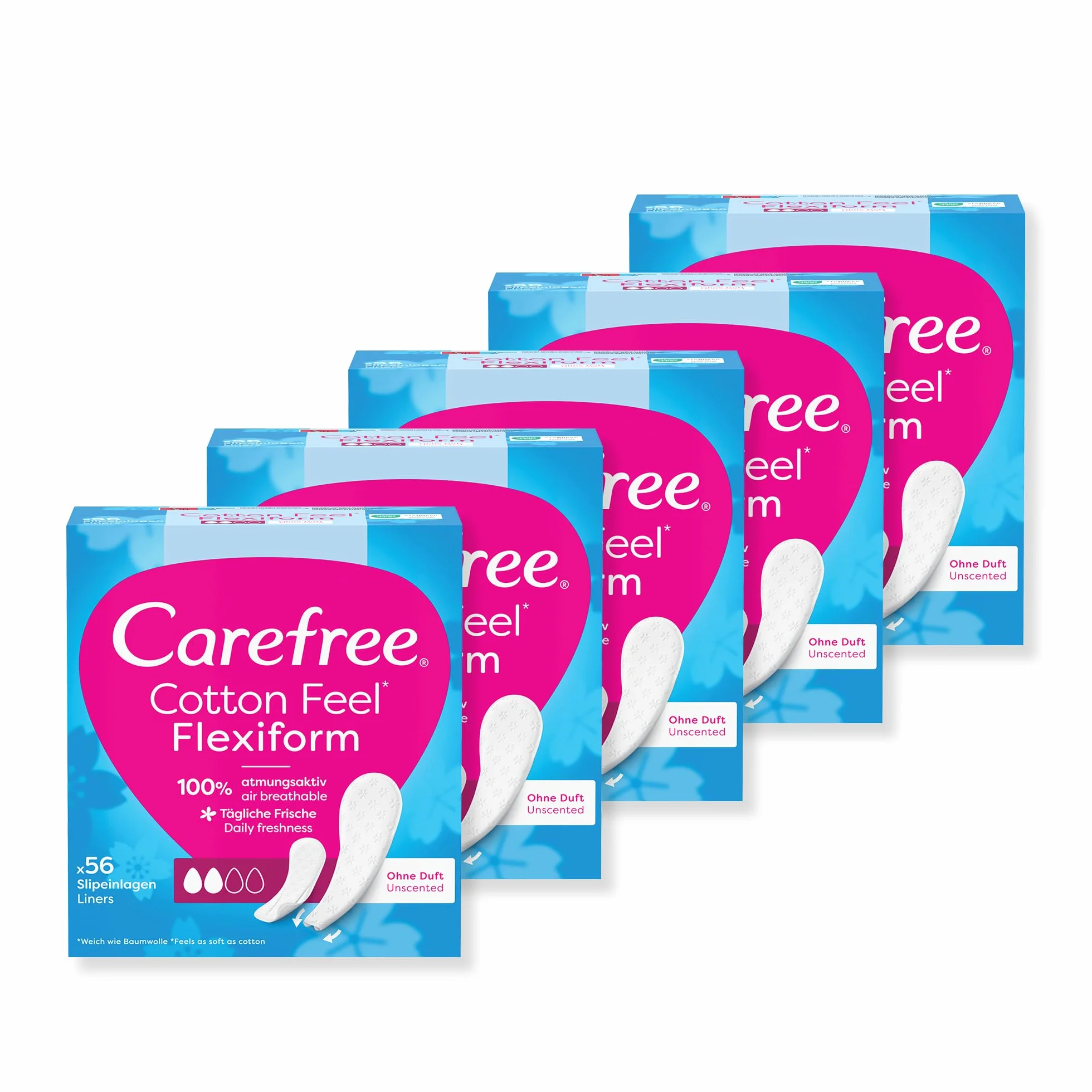 Carefree Cotton Feel Flexiform Salvaslip traspirante senza profumo, assorbenza due, taglia normale, 56 pezzi