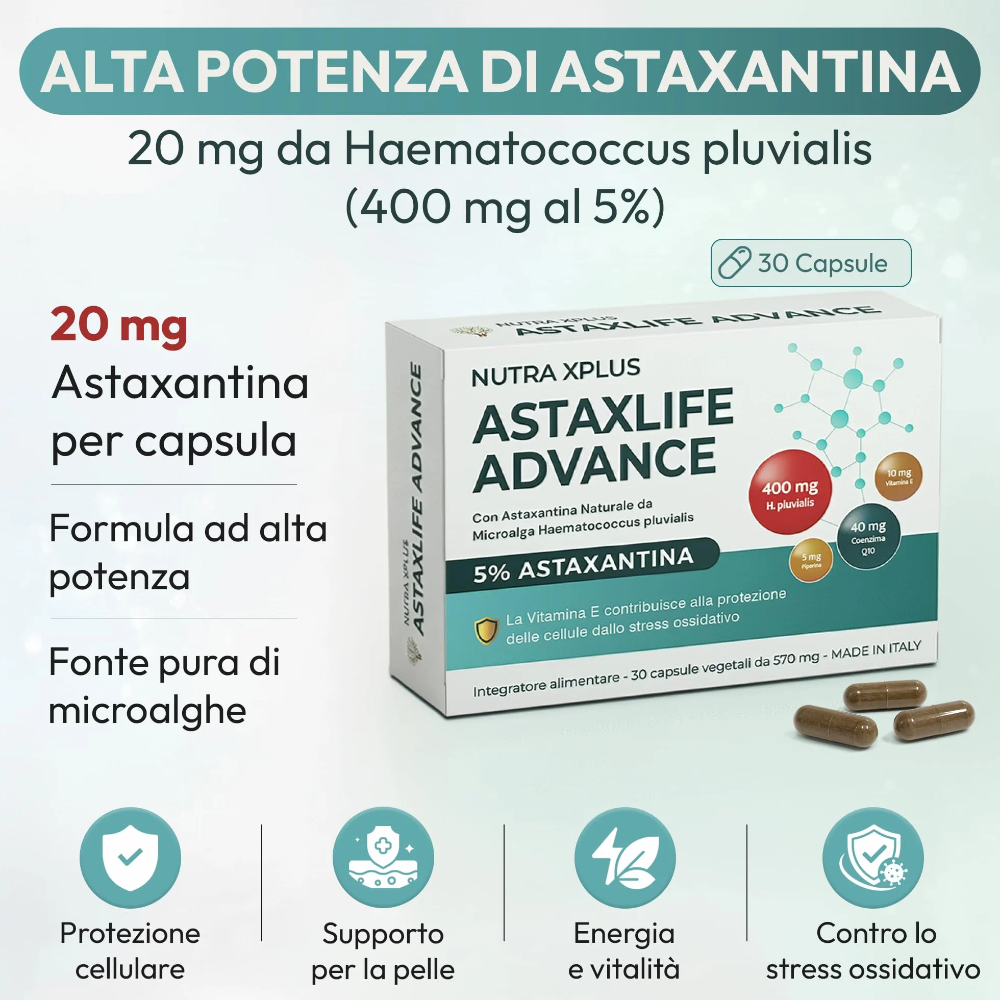 AstaxLife Advance Astaxantina 20 mg con Coenzima Q10, Vitamina E e Piperina antiossidante naturale