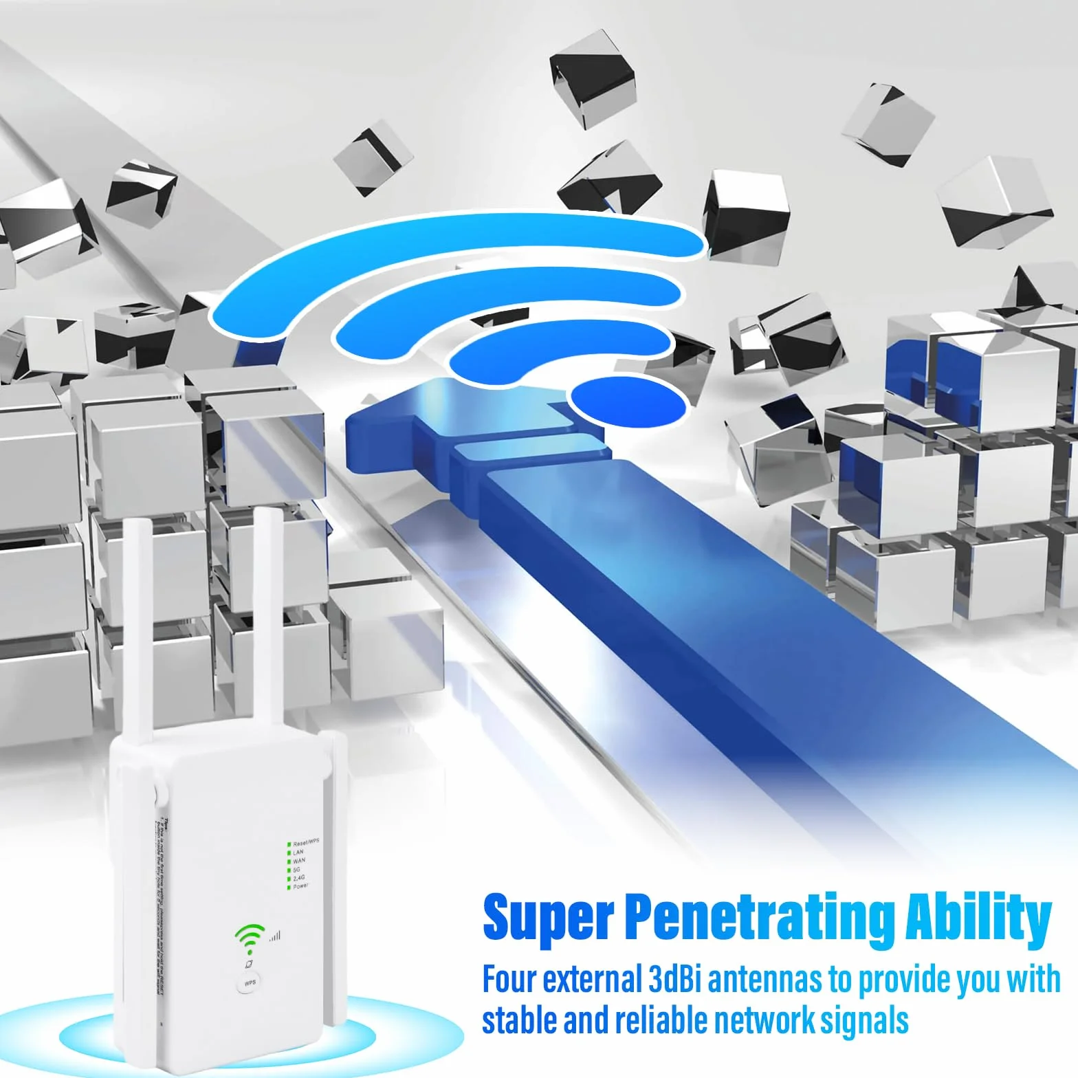 Ripetitore WiFi Potente Per Casa, 1200Mbps WiFi Extender Dual Band 5GHz & 2,4GHz con 4 Antenne, Porta Ethernet, WPS, Amplificatore Wifi Supporta Modalità Ripetitore/Router/AP (Bianco)